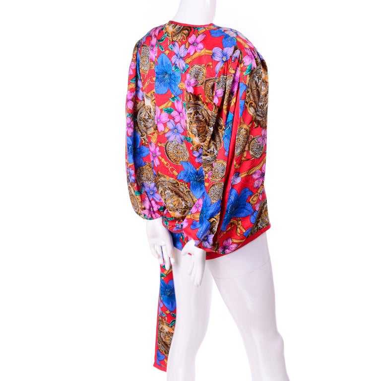 Women's Vintage Diane Freis Blouse in Silk Baroque Print Top With Tassels & Side Sash For Sale
