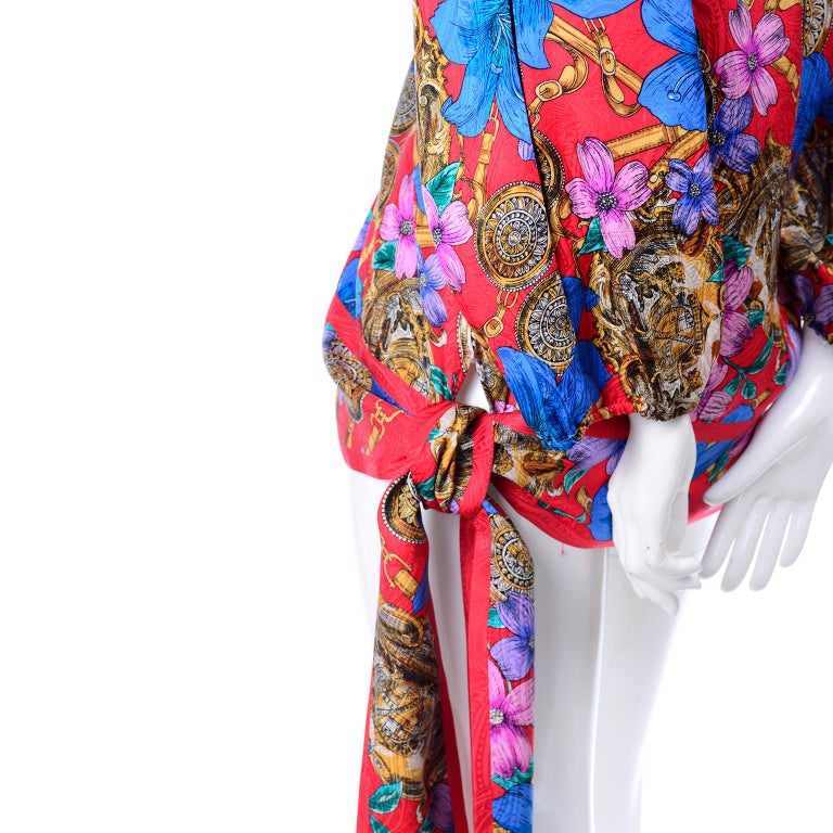 Vintage Diane Freis Blouse in Silk Baroque Print Top With Tassels & Side Sash For Sale 4