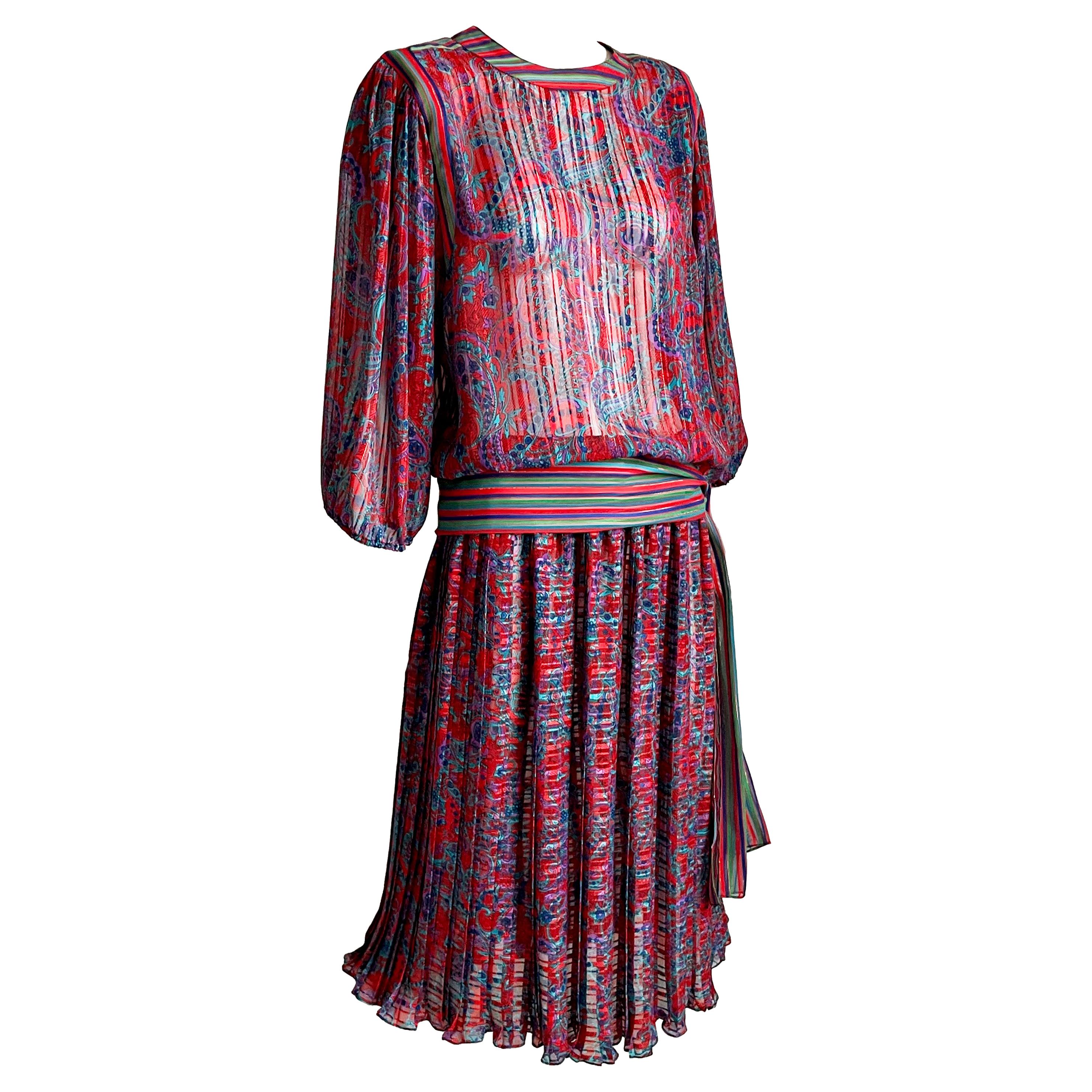 Vintage Diane Freis Blouse & Skirt Set 2pc Sheer Paisley Georgette M