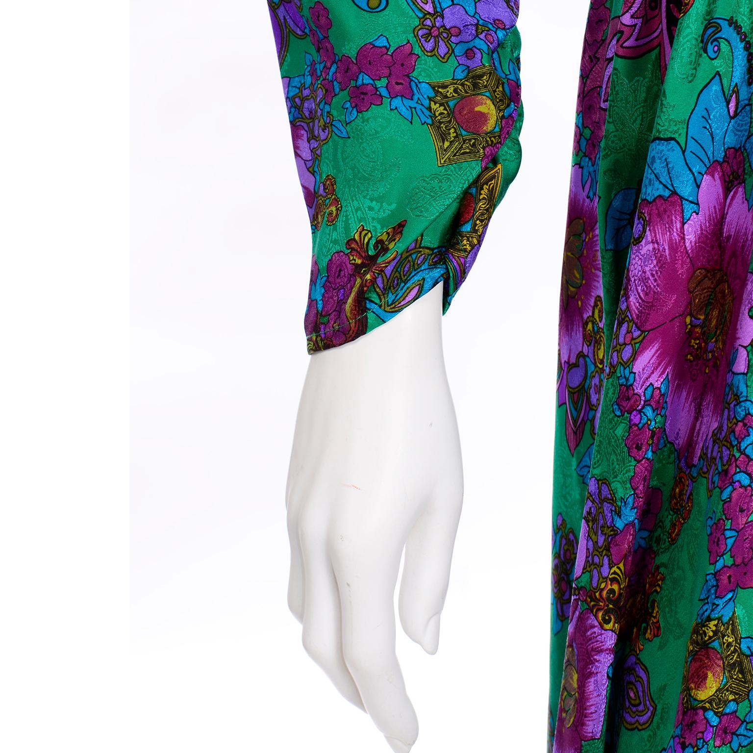 Vintage Diane Freis Green Multi Colored Floral Print Silk Dress 4