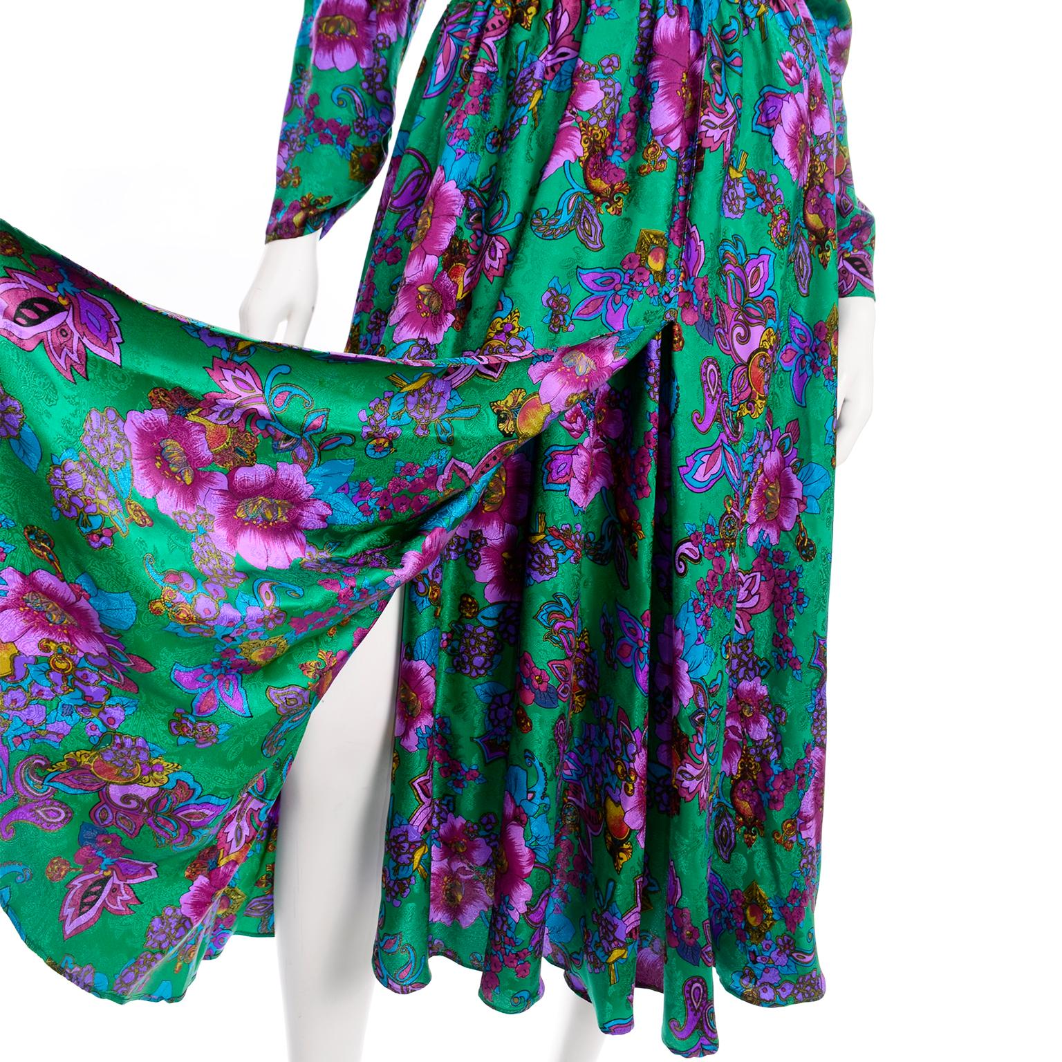 Vintage Diane Freis Green Multi Colored Floral Print Silk Dress 6
