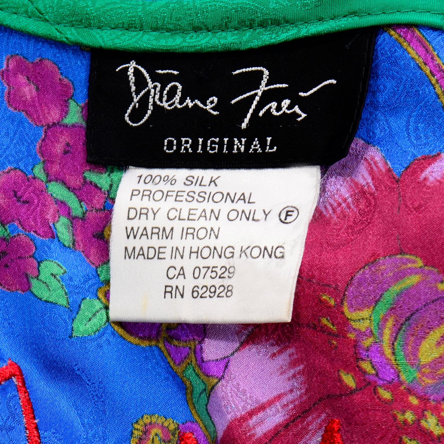 Vintage Diane Freis Green Multi Colored Floral Print Silk Dress 8