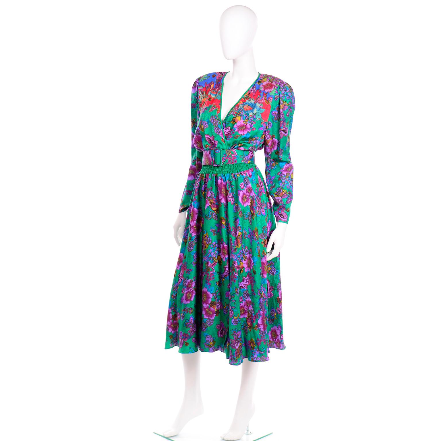Vintage Diane Freis Green Multi Colored Floral Print Silk Dress In Excellent Condition In Portland, OR