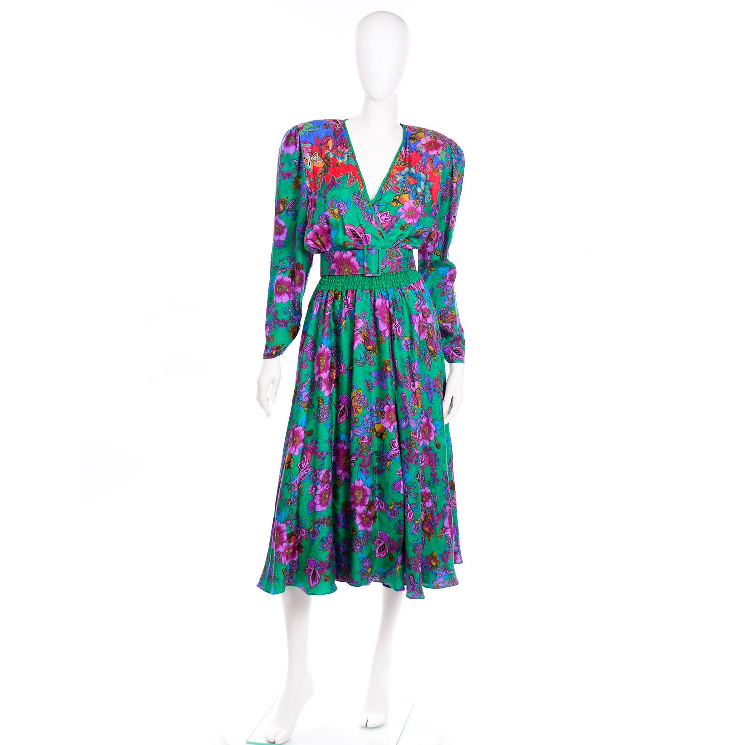 Women's Vintage Diane Freis Green Multi Colored Floral Print Silk Dress