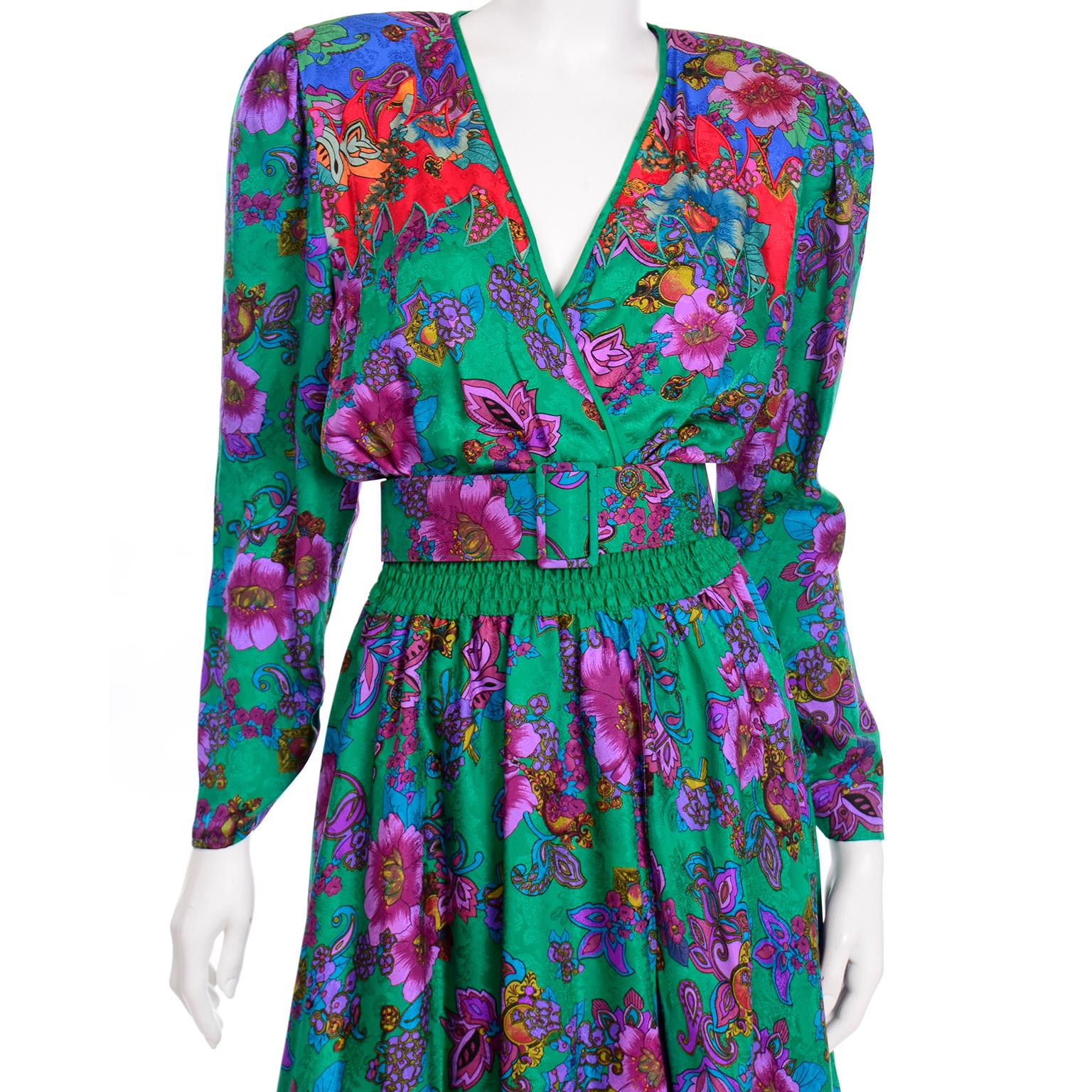 Vintage Diane Freis Green Multi Colored Floral Print Silk Dress 1