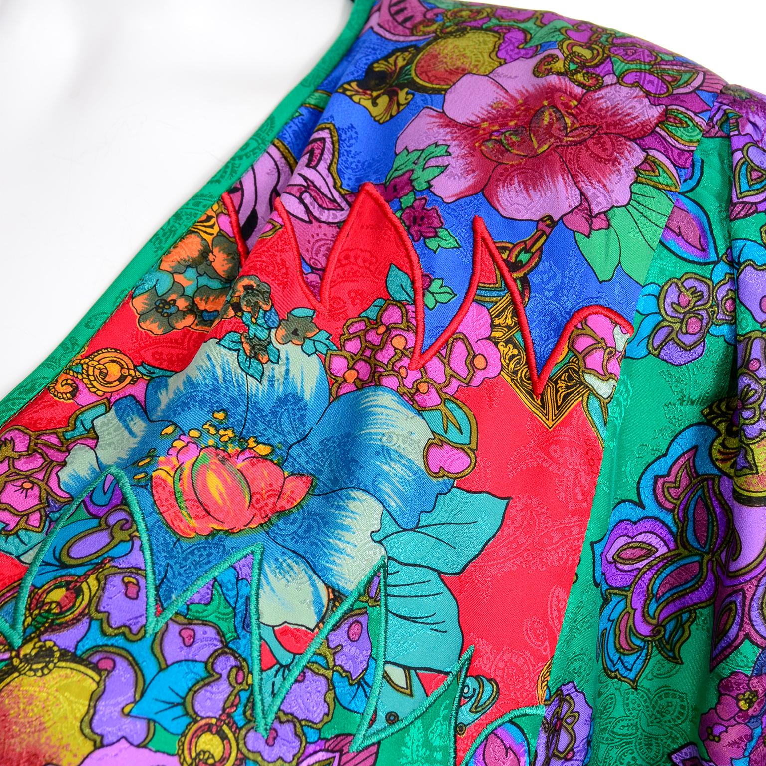 Vintage Diane Freis Green Multi Colored Floral Print Silk Dress 2