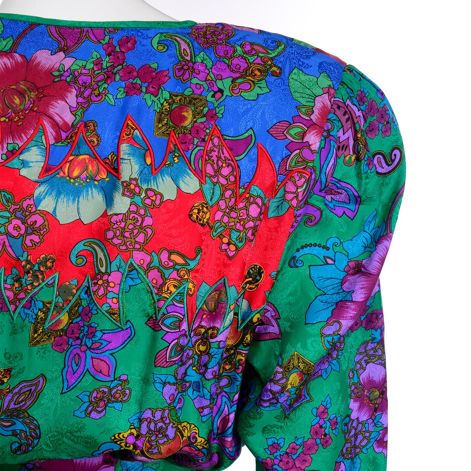 Vintage Diane Freis Green Multi Colored Floral Print Silk Dress 3