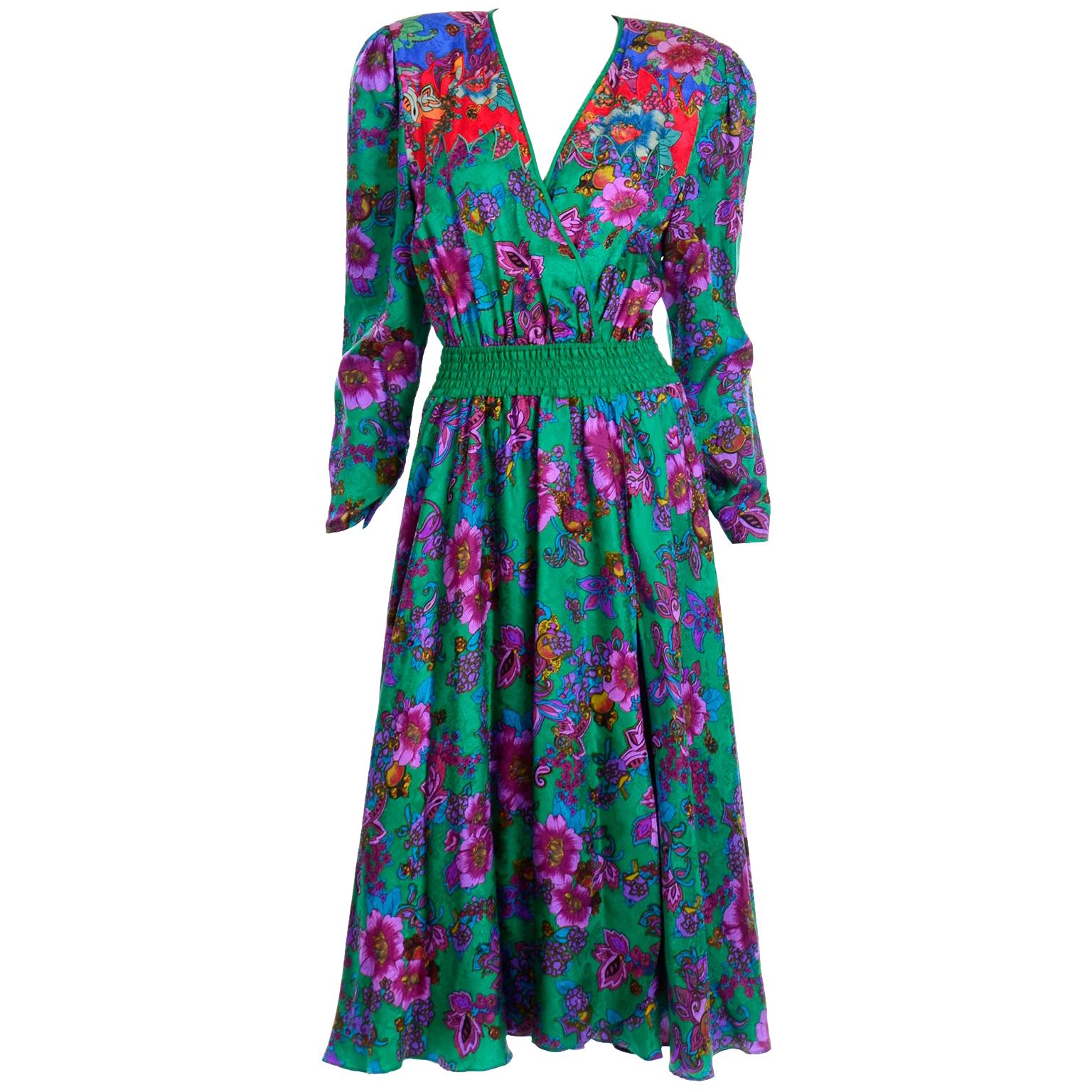 Vintage Diane Freis Green Multi Colored Floral Print Silk Dress at
