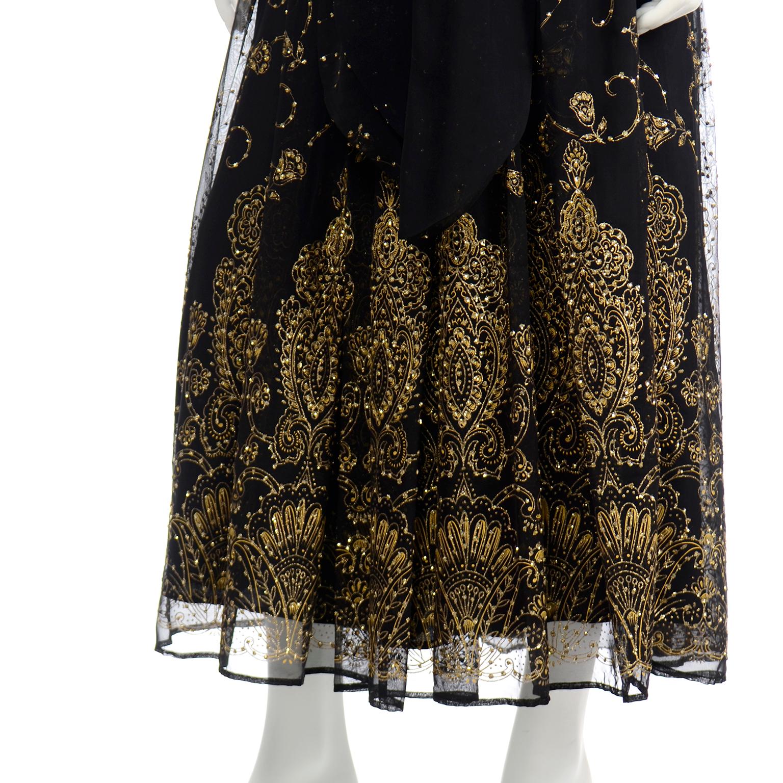 Vintage Diane Freis Original Black & Gold Evening Gown w Matching Scarf For Sale 6
