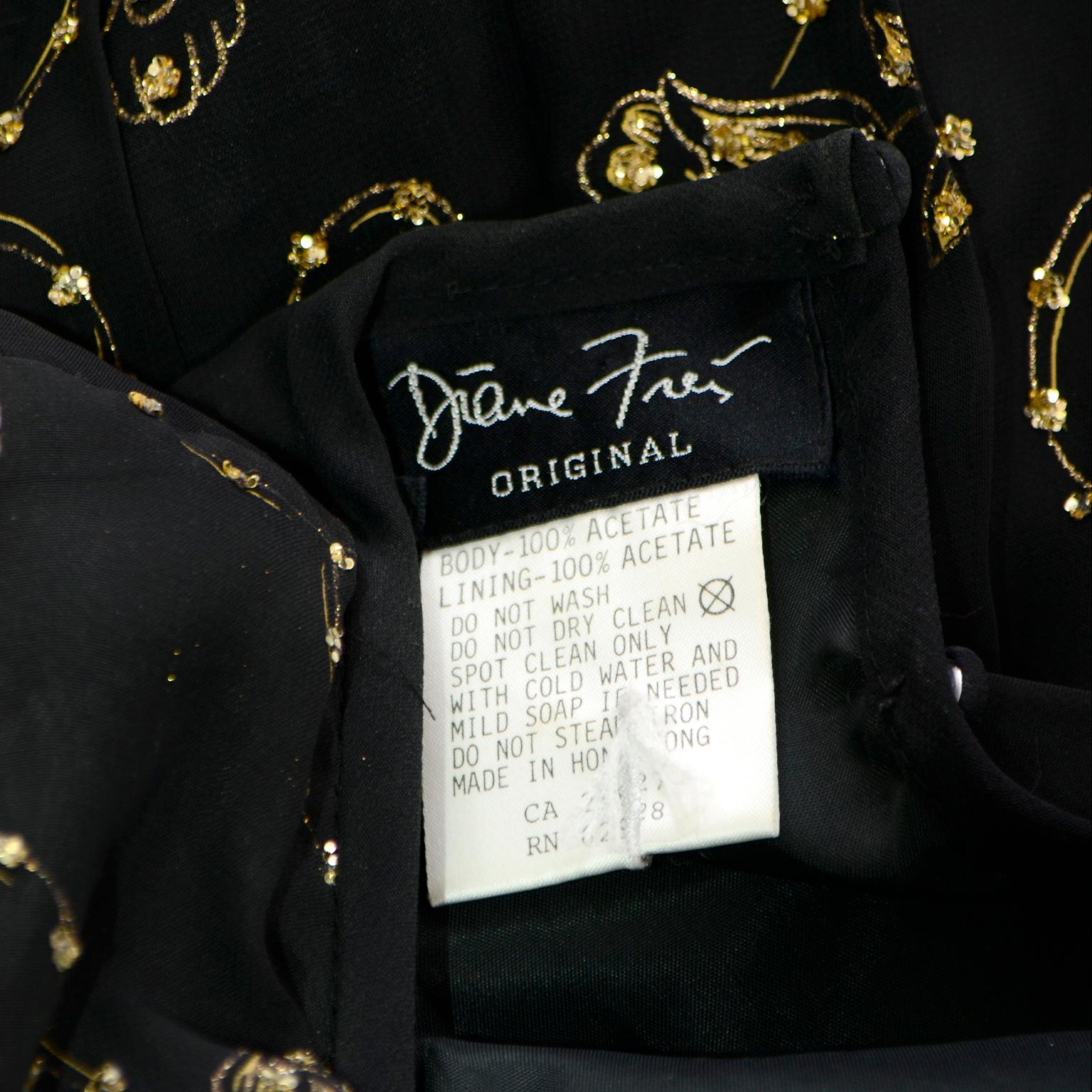Vintage Diane Freis Original Black & Gold Evening Gown w Matching Scarf For Sale 7