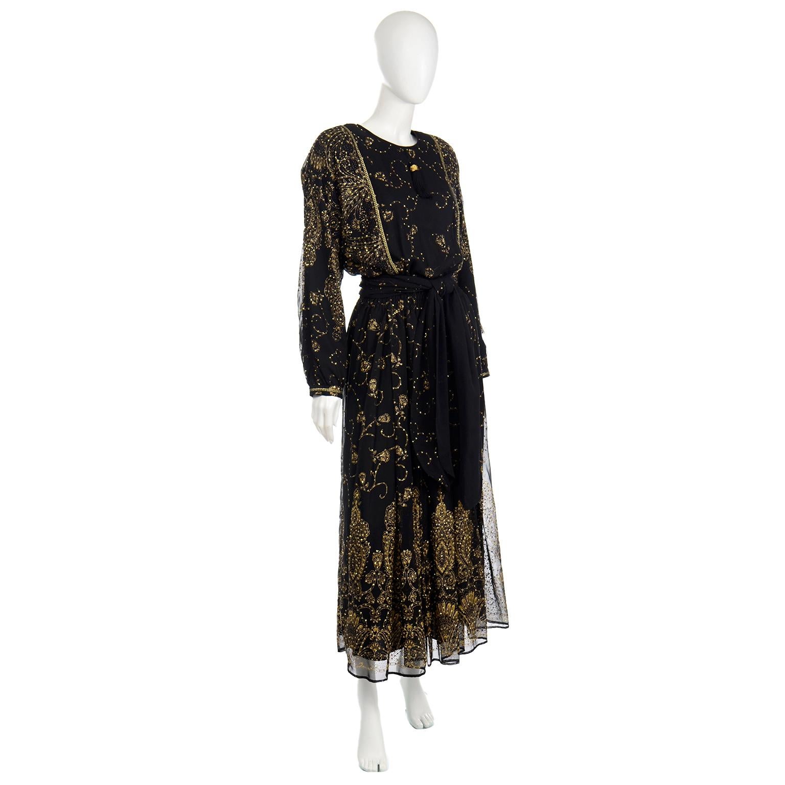 Vintage Diane Freis Original Schwarz-goldenes Abendkleid mit passendem Schal, Vintage im Zustand „Hervorragend“ im Angebot in Portland, OR