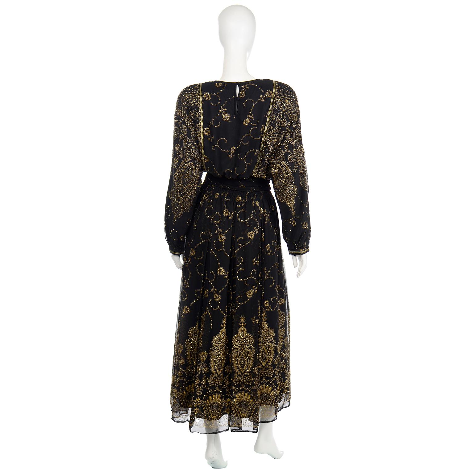 Vintage Diane Freis Original Schwarz-goldenes Abendkleid mit passendem Schal, Vintage Damen im Angebot