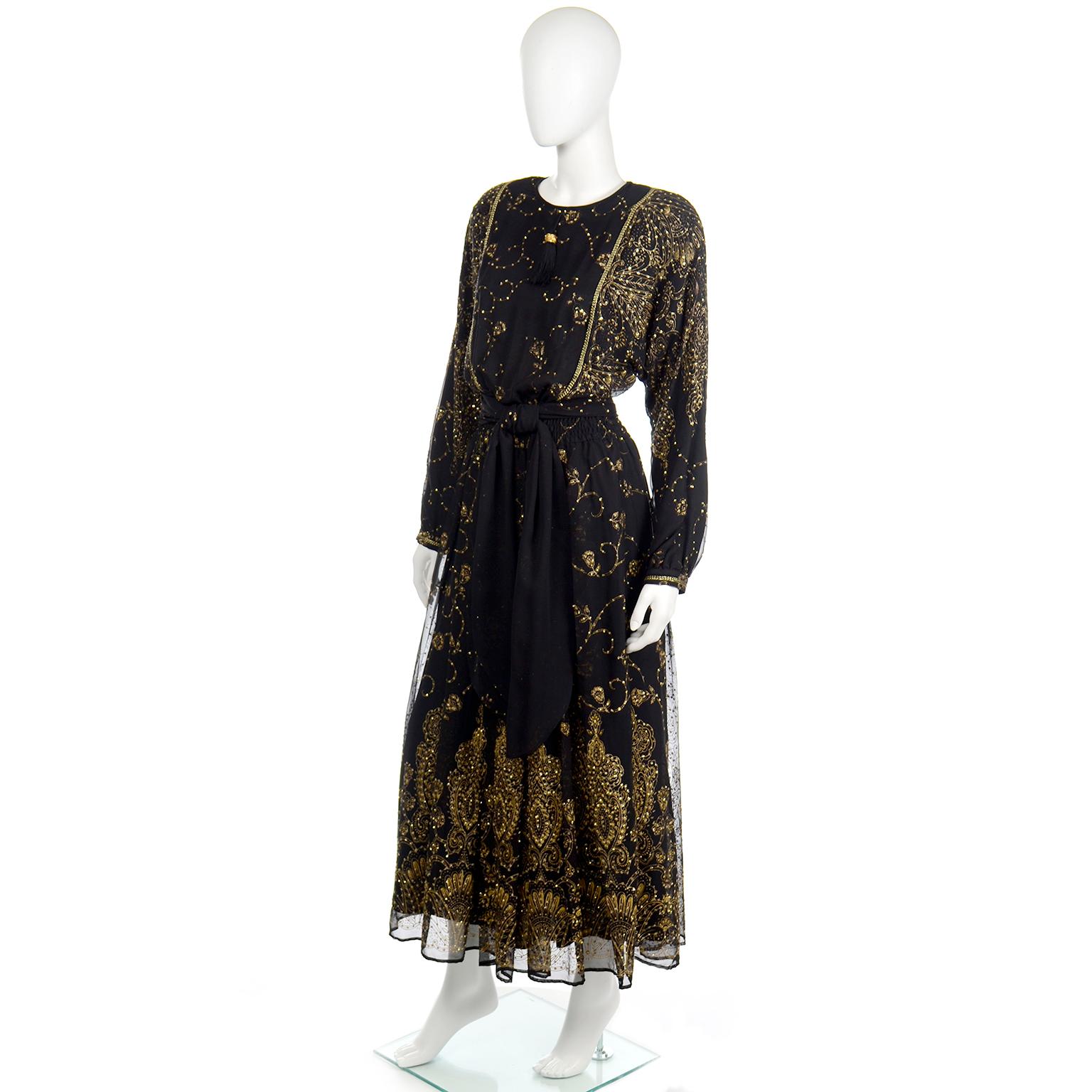 Vintage Diane Freis Original Black & Gold Evening Gown w Matching Scarf In Excellent Condition For Sale In Portland, OR