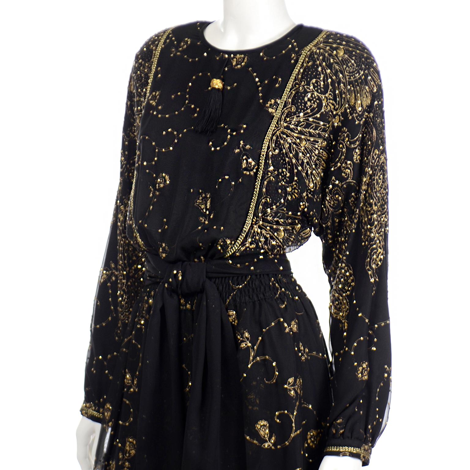 Women's Vintage Diane Freis Original Black & Gold Evening Gown w Matching Scarf For Sale