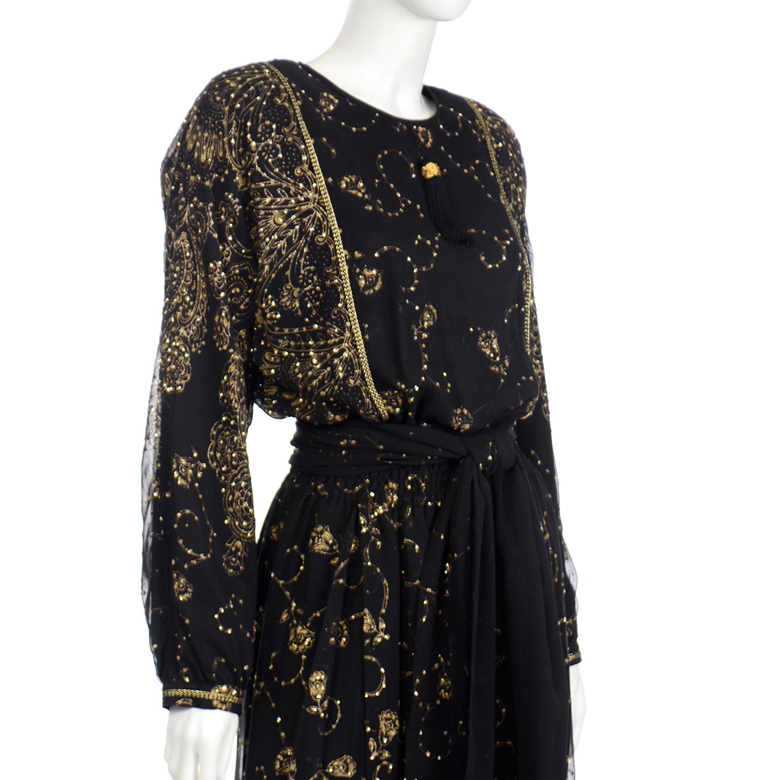 Vintage Diane Freis Original Black & Gold Evening Gown w Matching Scarf For Sale 1