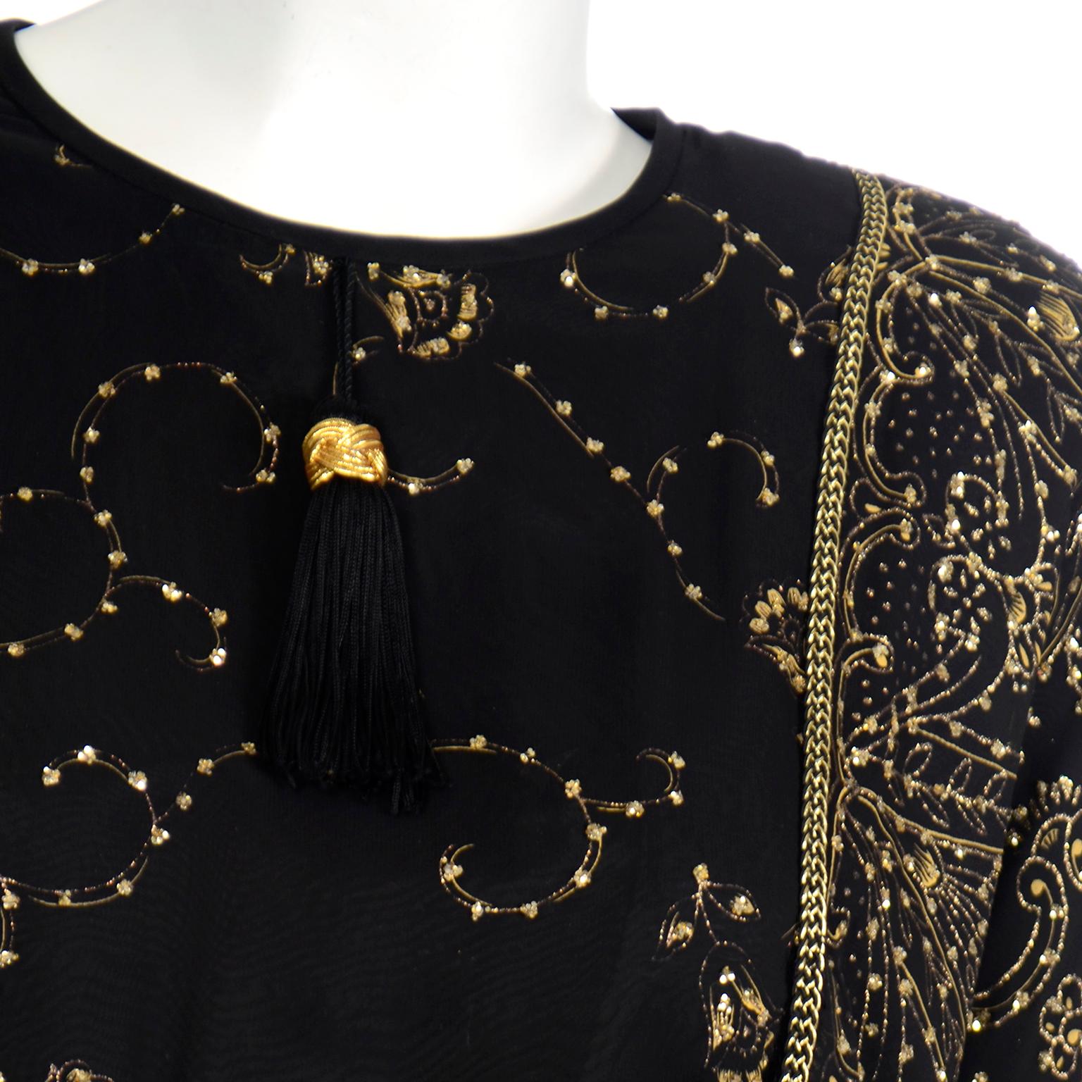 Vintage Diane Freis Original Black & Gold Evening Gown w Matching Scarf For Sale 2
