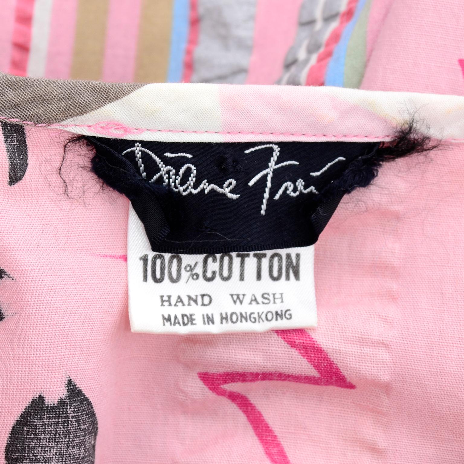 Vintage Diane Freis Pink Pastel Print Seersucker Cotton Dress & Scarf 7