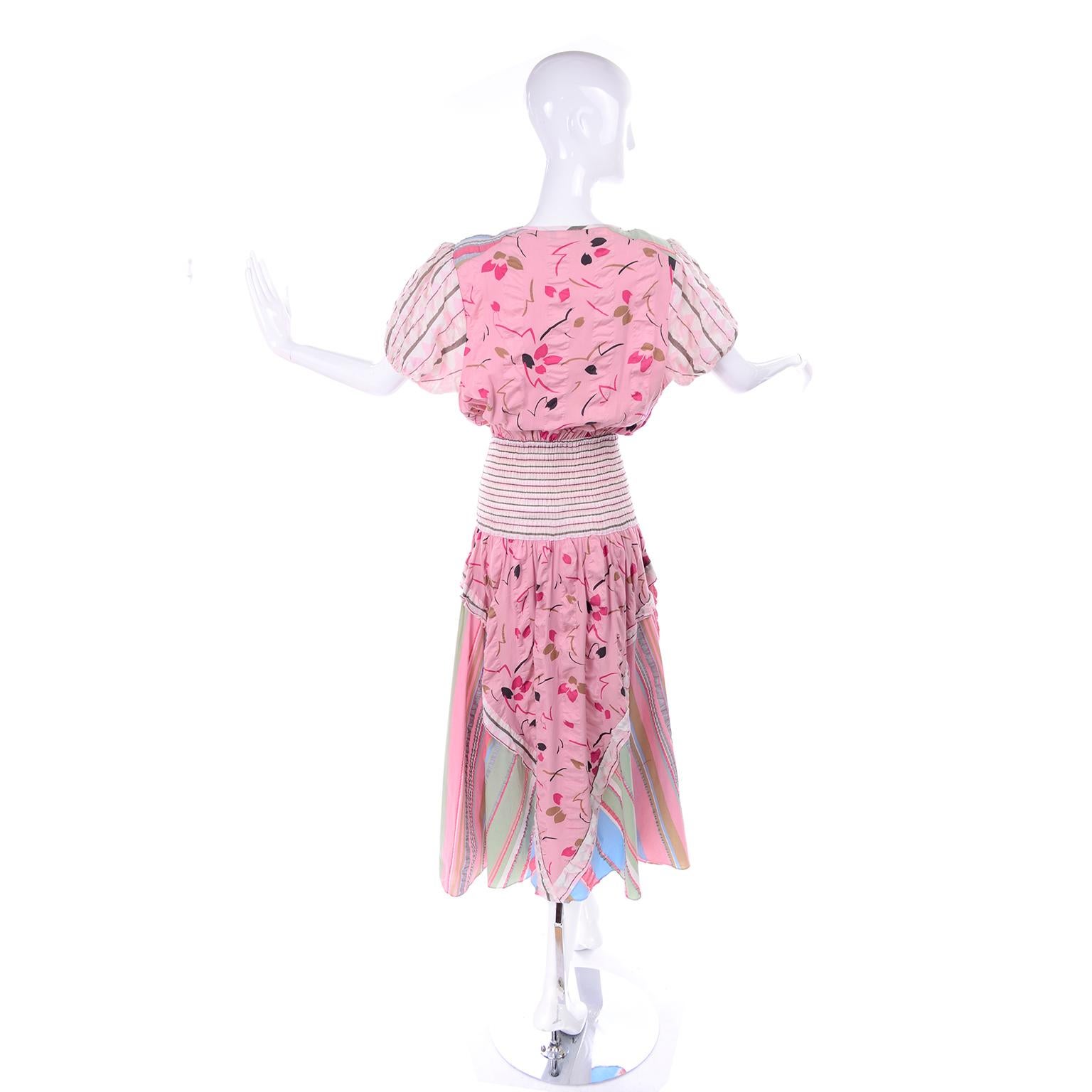 Vintage Diane Freis Pink Pastel Print Seersucker Cotton Dress & Scarf In Excellent Condition In Portland, OR