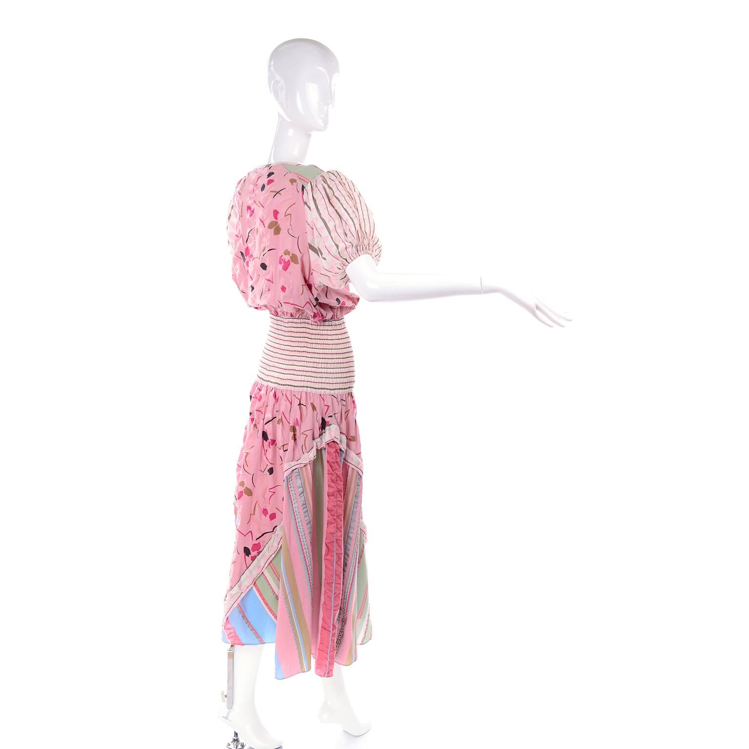 Women's Vintage Diane Freis Pink Pastel Print Seersucker Cotton Dress & Scarf