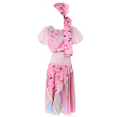 Vintage Diane Freis Pink Pastel Print Seersucker Cotton Dress & Scarf