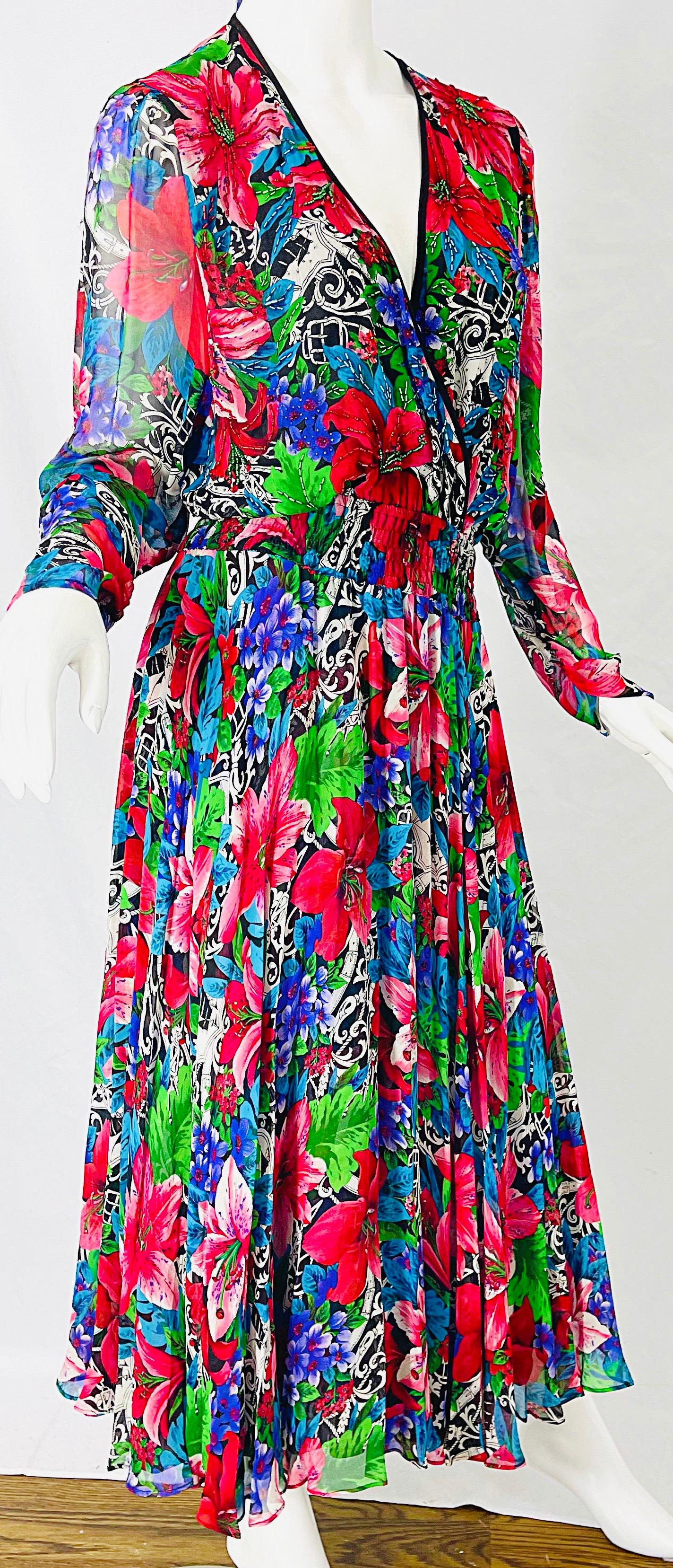 Vintage Diane Freis Silk Chiffon Beaded Tropical Print Midi Dress + Sash For Sale 2