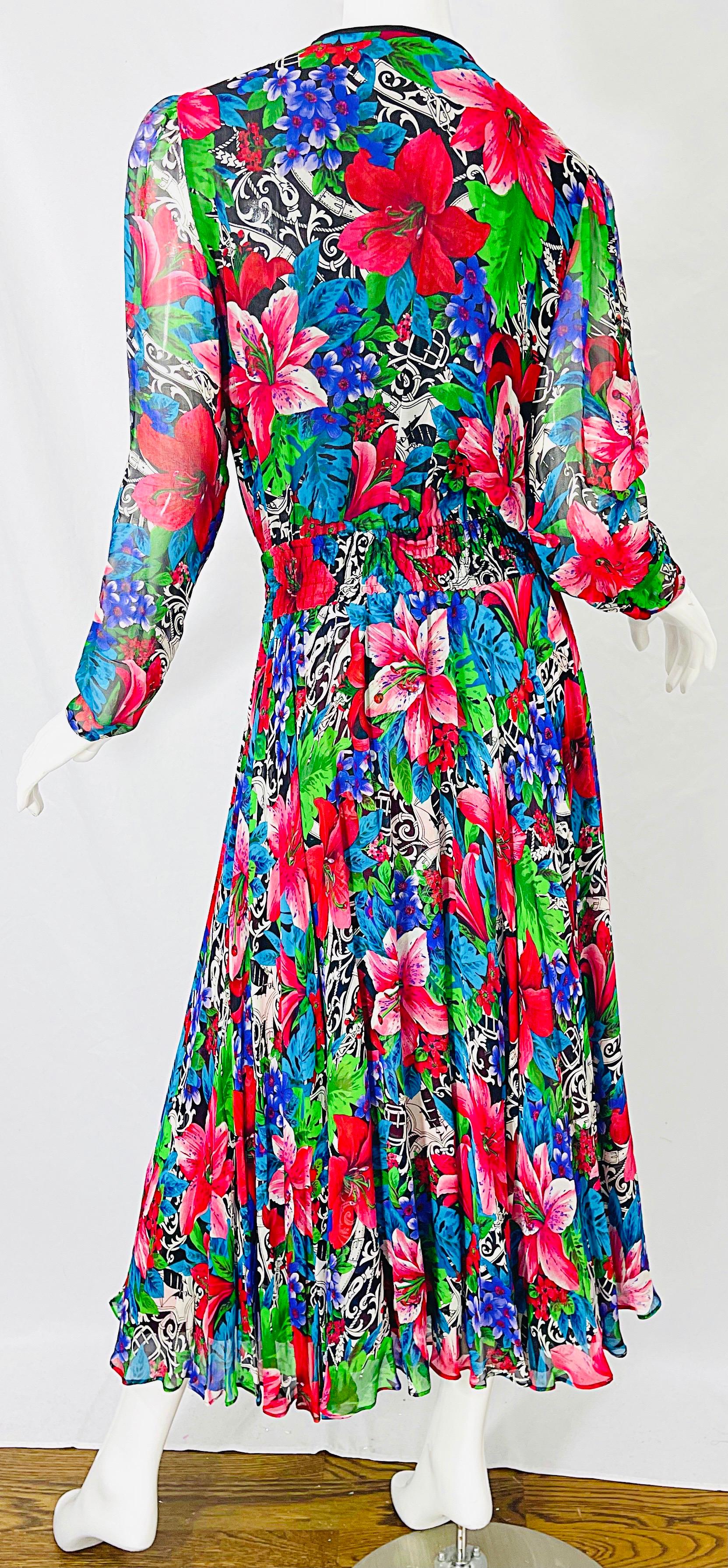 Vintage Diane Freis Silk Chiffon Beaded Tropical Print Midi Dress + Sash For Sale 3