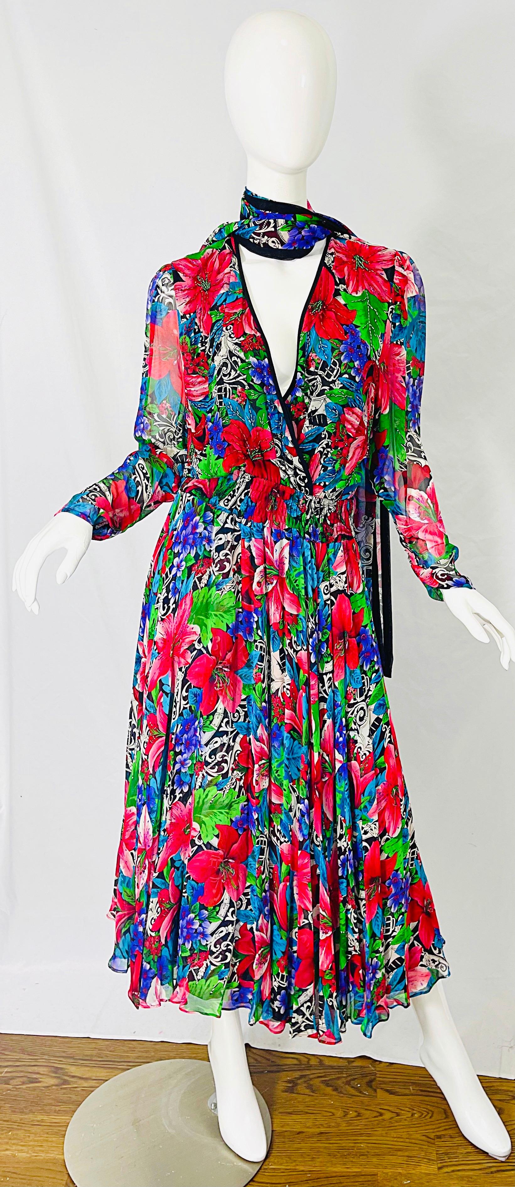 Vintage Diane Freis Silk Chiffon Beaded Tropical Print Midi Dress + Sash For Sale 4