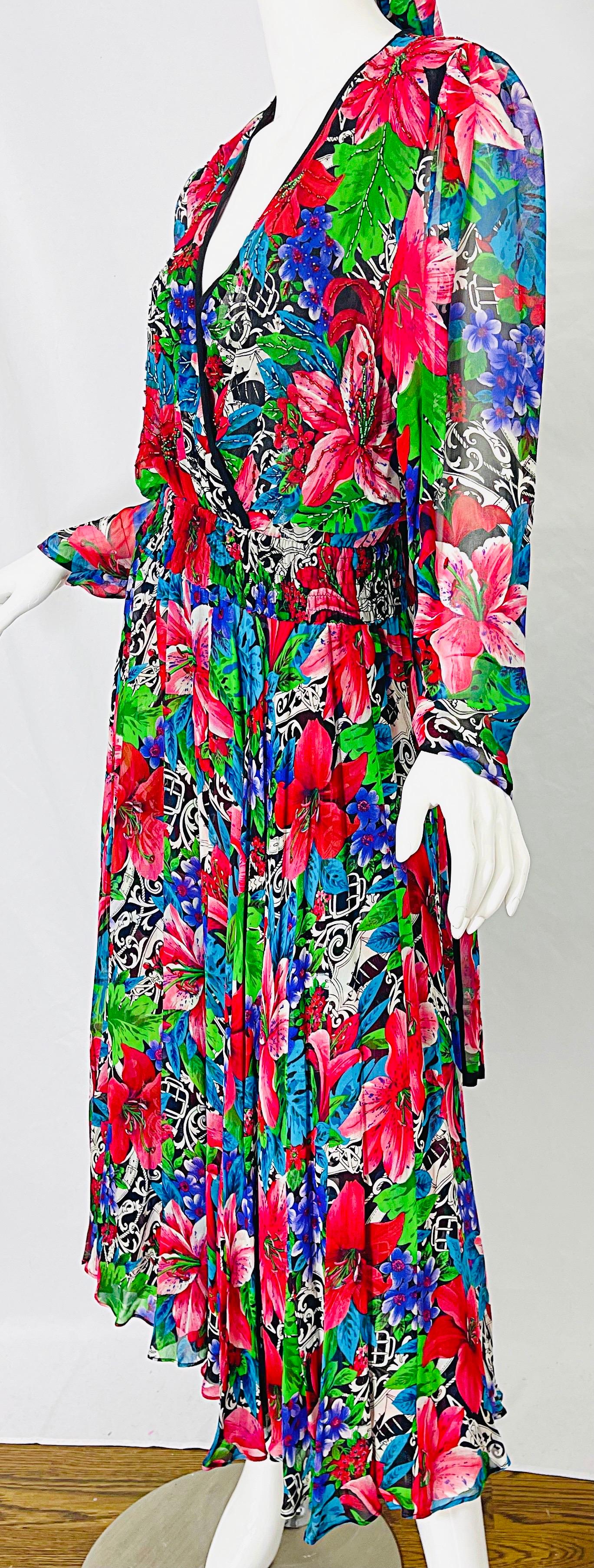 Vintage Diane Freis Silk Chiffon Beaded Tropical Print Midi Dress + Sash For Sale 5