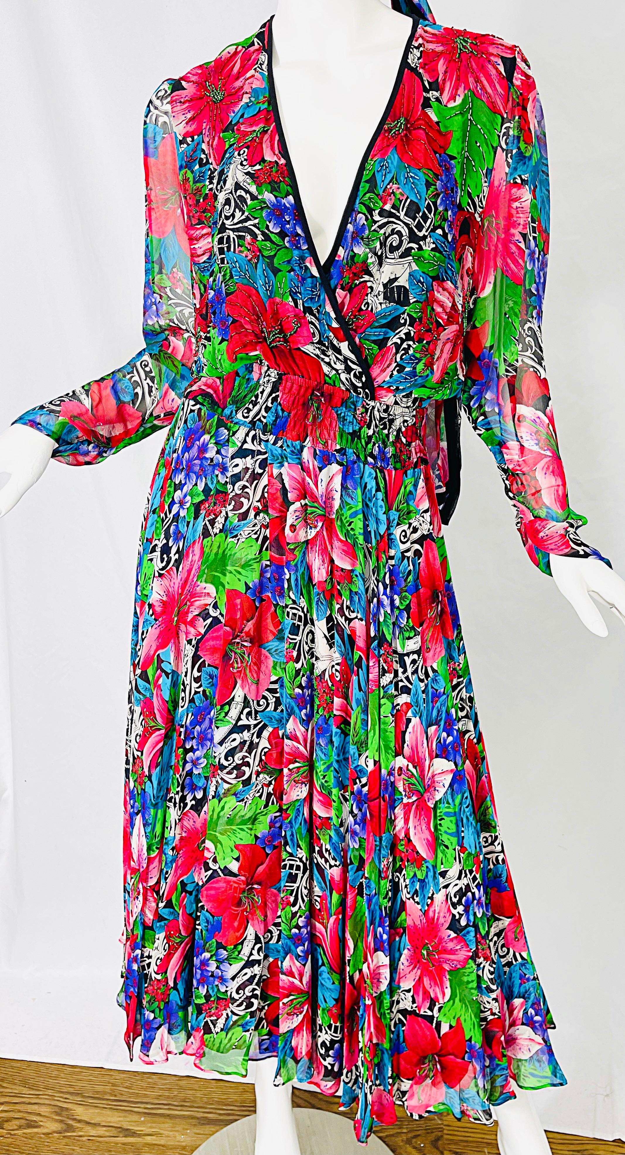 Vintage Diane Freis Silk Chiffon Beaded Tropical Print Midi Dress + Sash For Sale 6