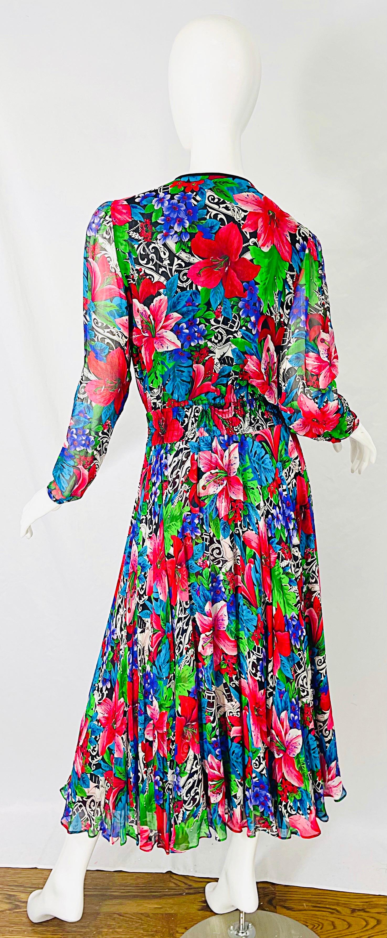 Vintage Diane Freis Silk Chiffon Beaded Tropical Print Midi Dress + Sash For Sale 7