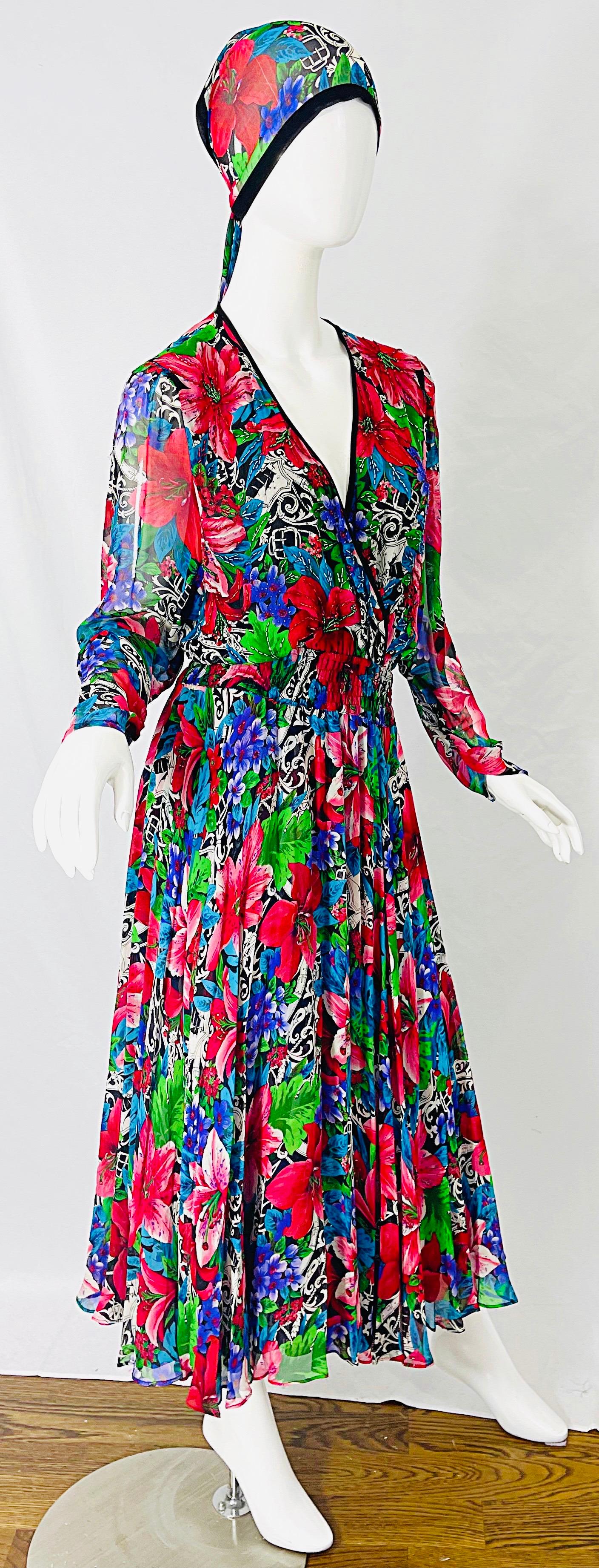 Vintage Diane Freis Silk Chiffon Beaded Tropical Print Midi Dress + Sash For Sale 8