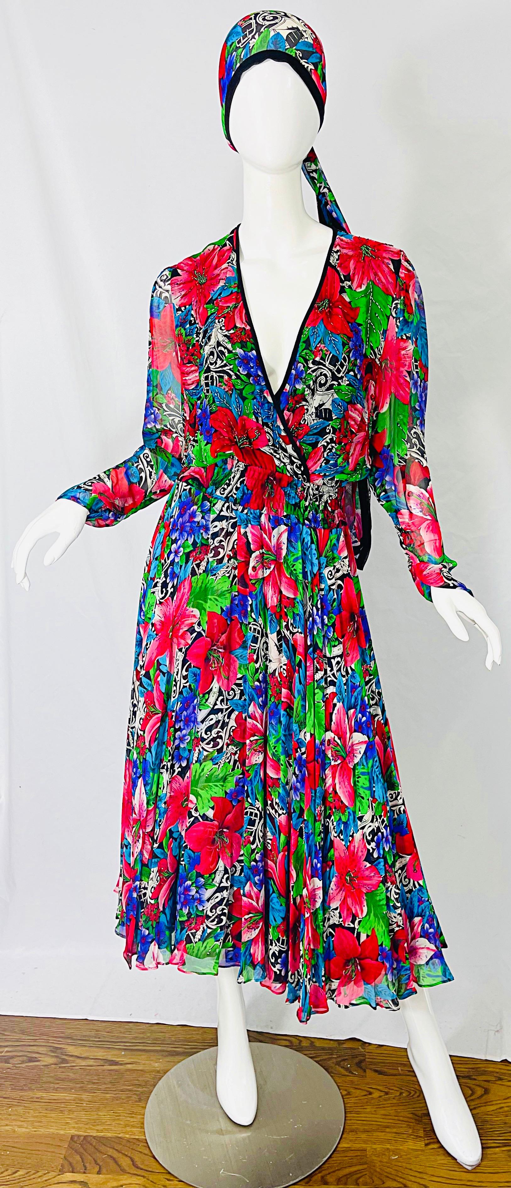 Vintage Diane Freis Silk Chiffon Beaded Tropical Print Midi Dress + Sash For Sale 9