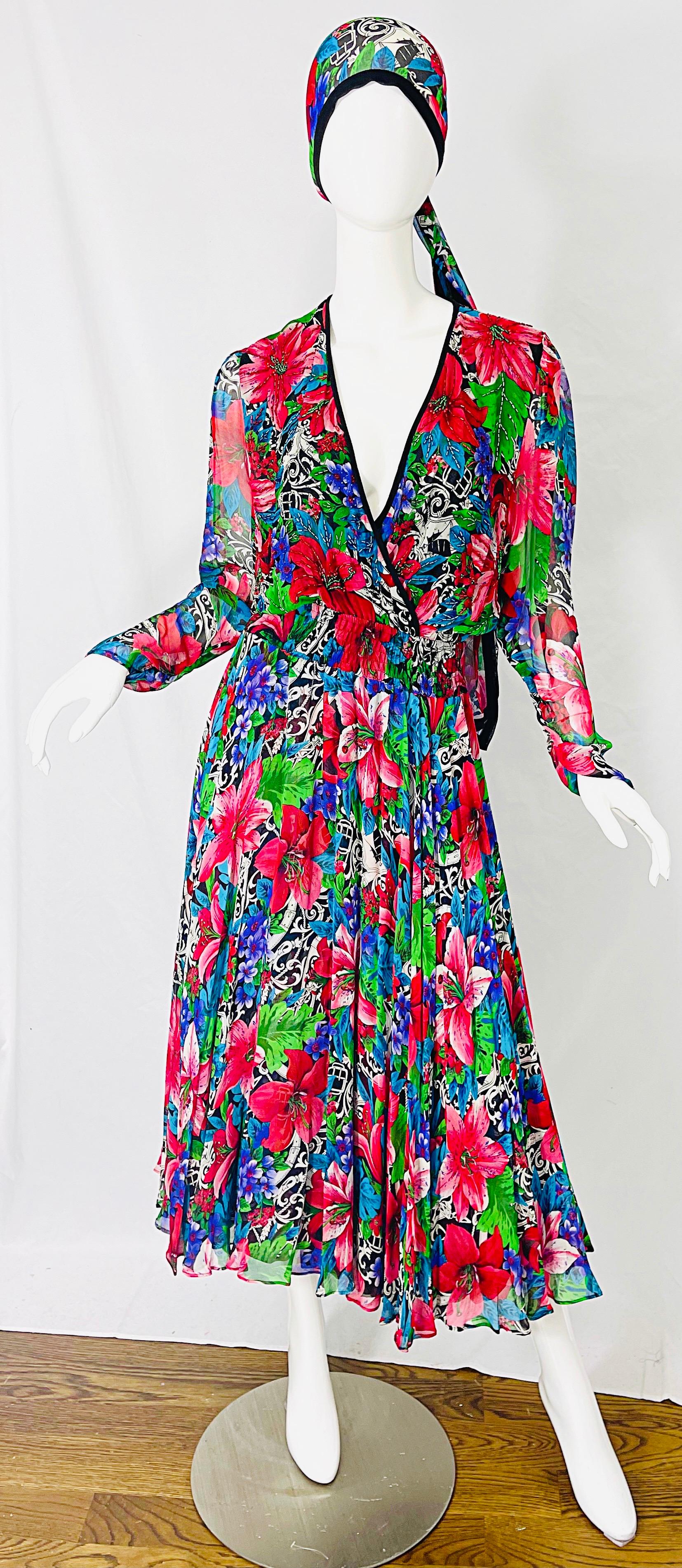 Amazing DIANE FREIS brightly colored tropical print beaded silk chiffon midi dress and sash ! Vibrant colors of green, blue, purple, red, black and white throughout. V-neck bodice with hundreds of hand-sewn beads. Flowy skirt looks fantastic with