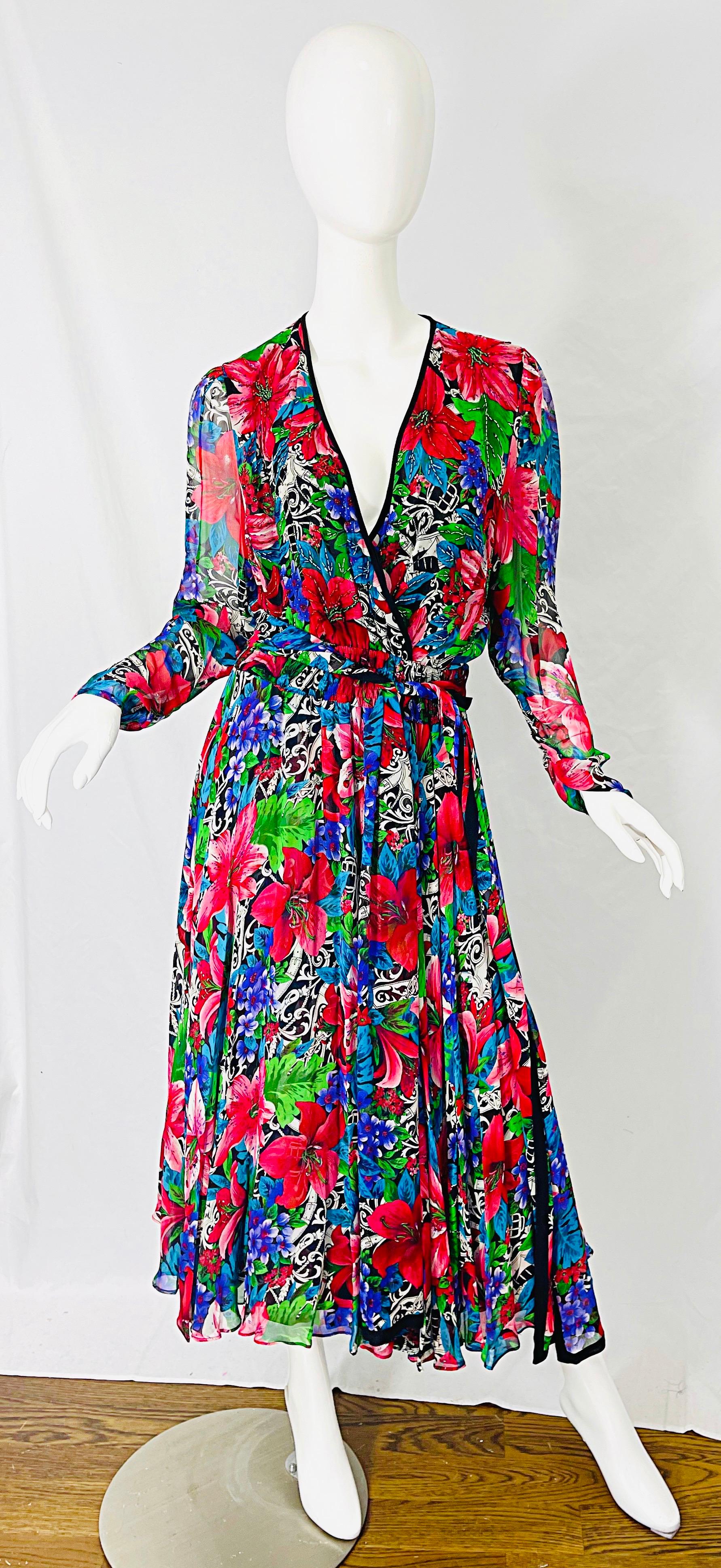 Gray Vintage Diane Freis Silk Chiffon Beaded Tropical Print Midi Dress + Sash For Sale
