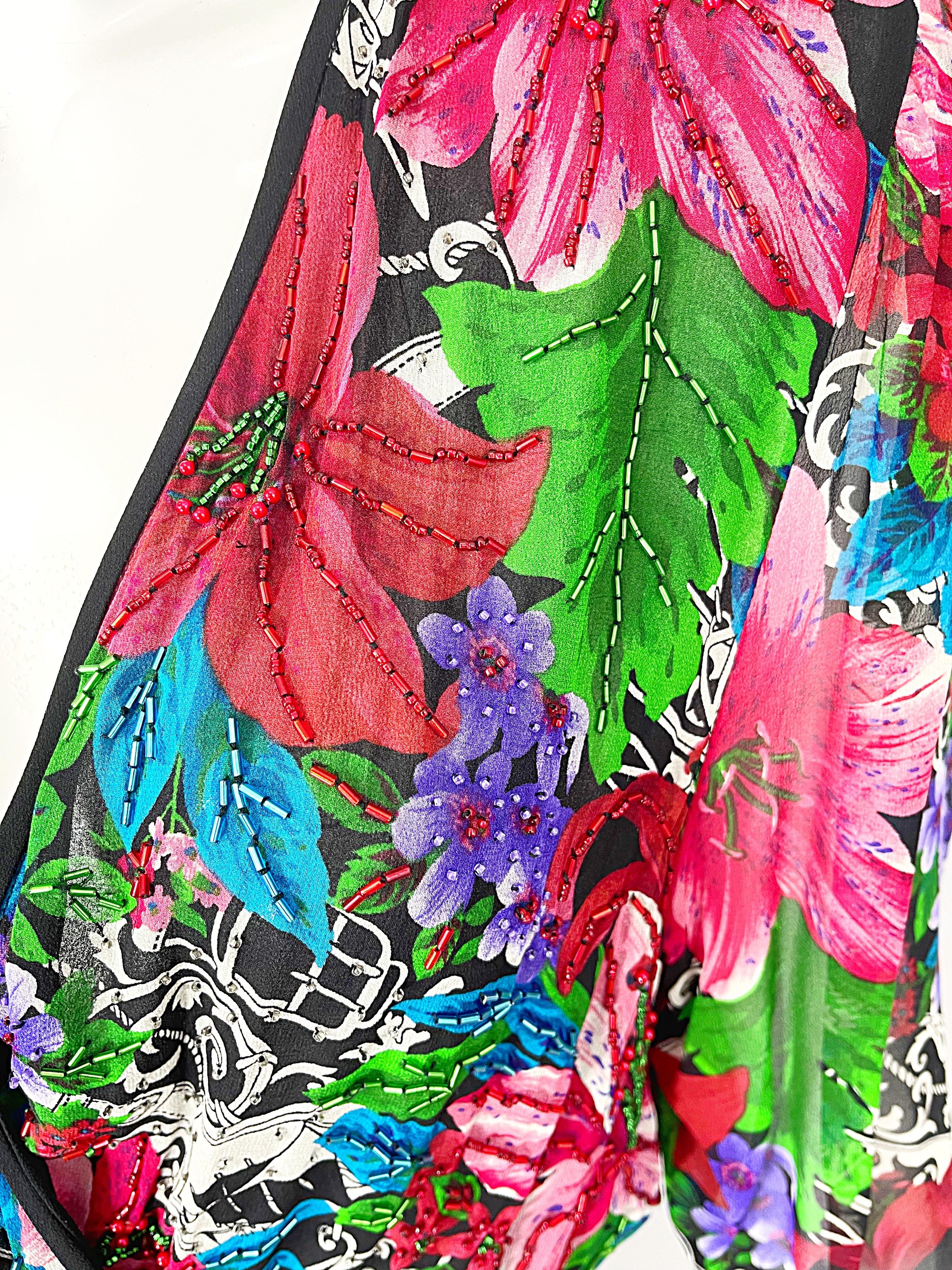 Women's Vintage Diane Freis Silk Chiffon Beaded Tropical Print Midi Dress + Sash For Sale