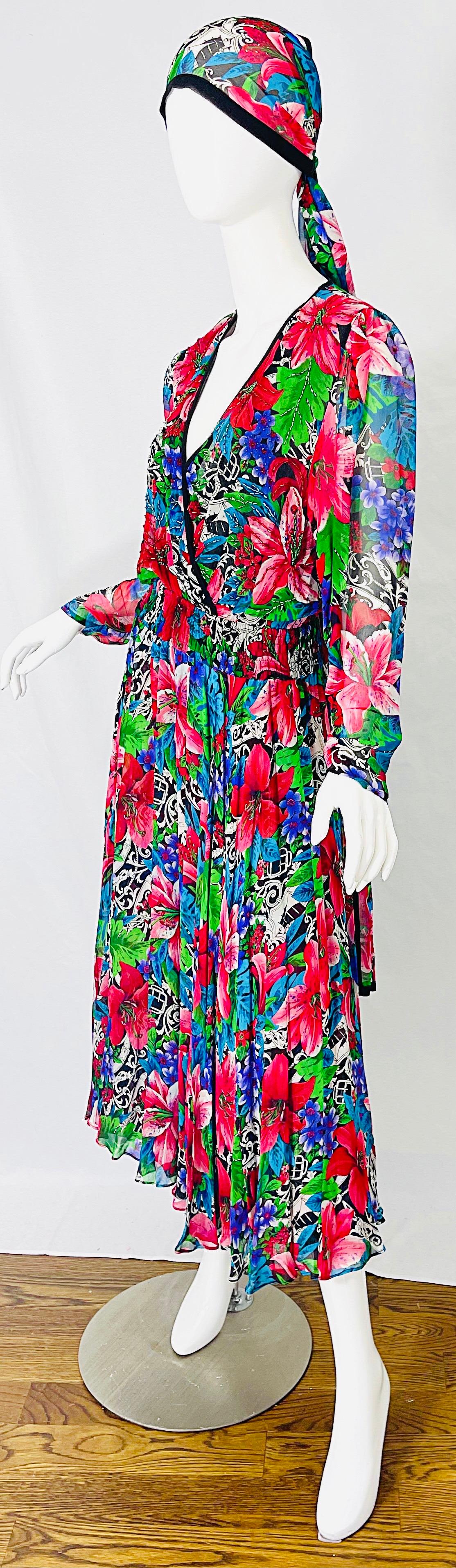 Vintage Diane Freis Silk Chiffon Beaded Tropical Print Midi Dress + Sash For Sale 1