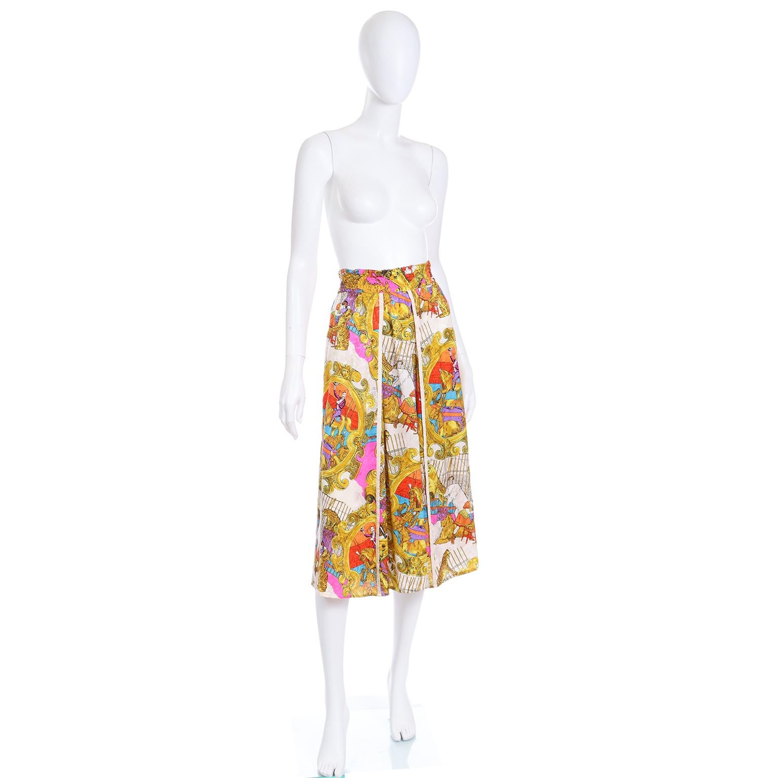 Brown Vintage Diane Freis Silk Circus Novelty Print Skirt