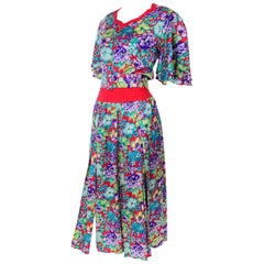 Vintage Diane Freis Silk Red Colorful Floral Dress With Belt