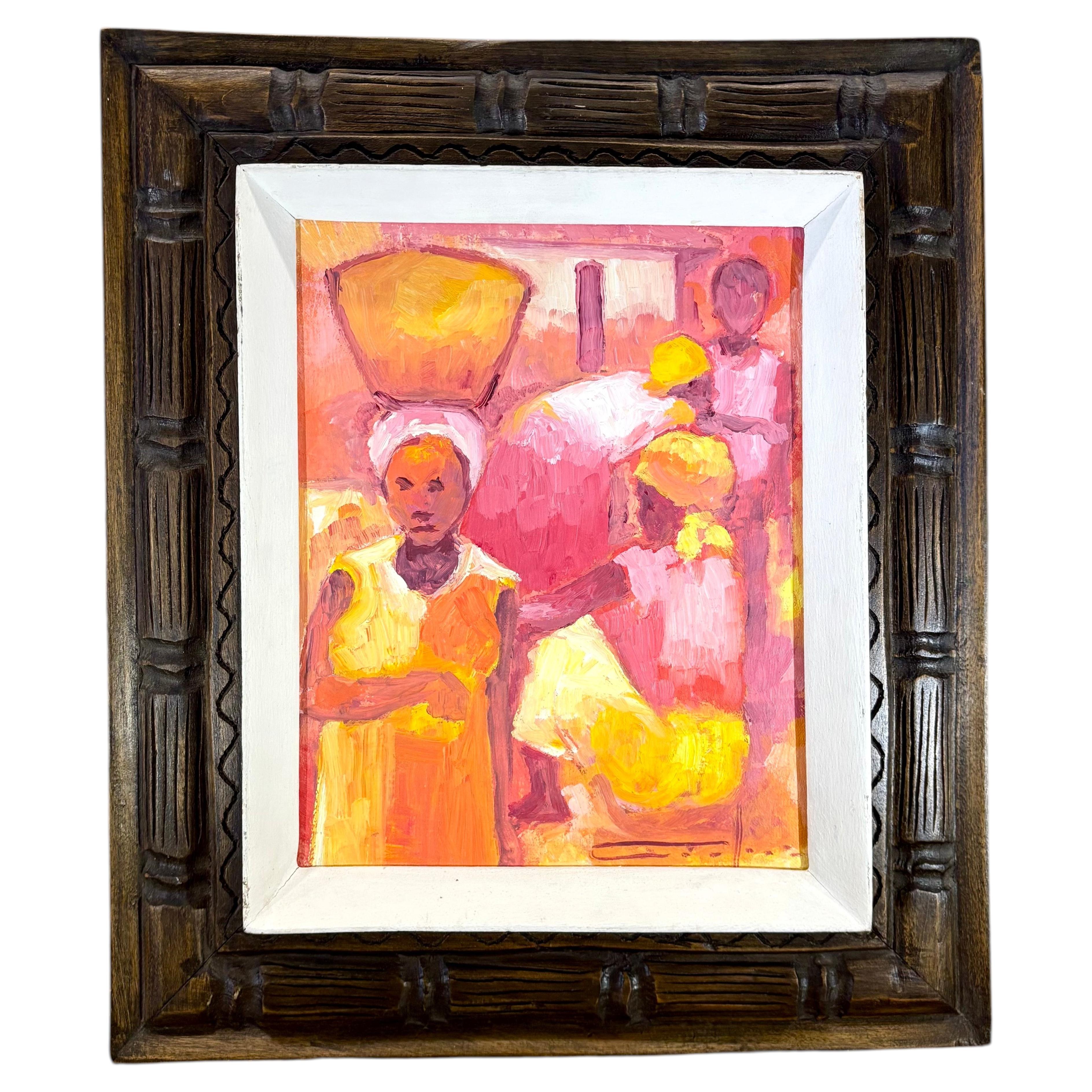 Vintage Dieudonné Cedor Signed Haitian Oil Painting, Figural Market Scene