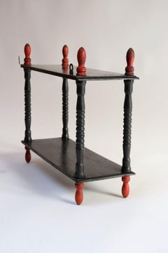 Vintage Diminutive Black Lacquered Table or Wall Shelf with Carved Red Finials