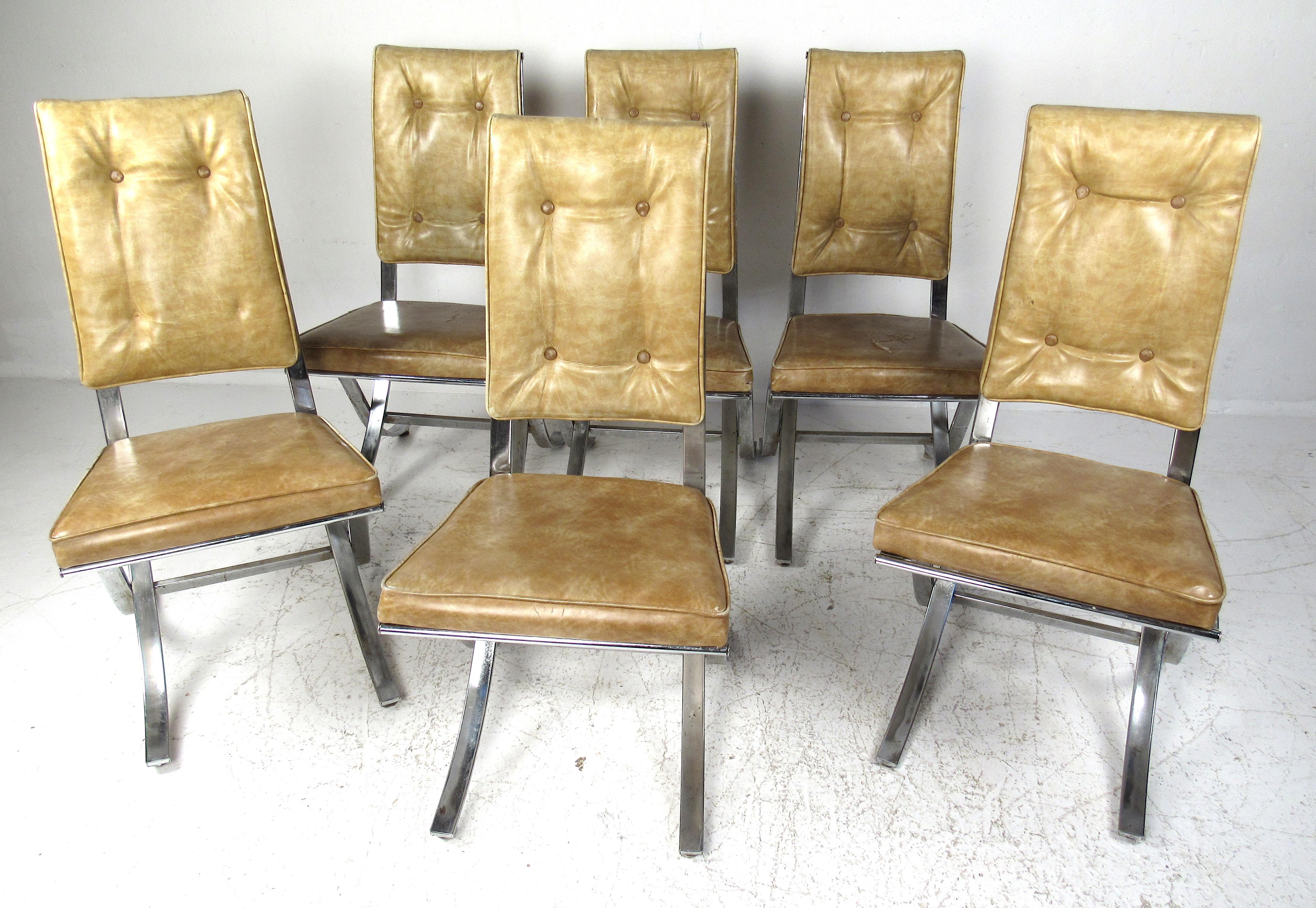 Set of six vintage tufted vinyl and chrome dining chairs by Brooklyn based Contempo Company. Classic 1960s styling dinette set, restoration required. Please confirm item location (NY or NJ) with dealer.