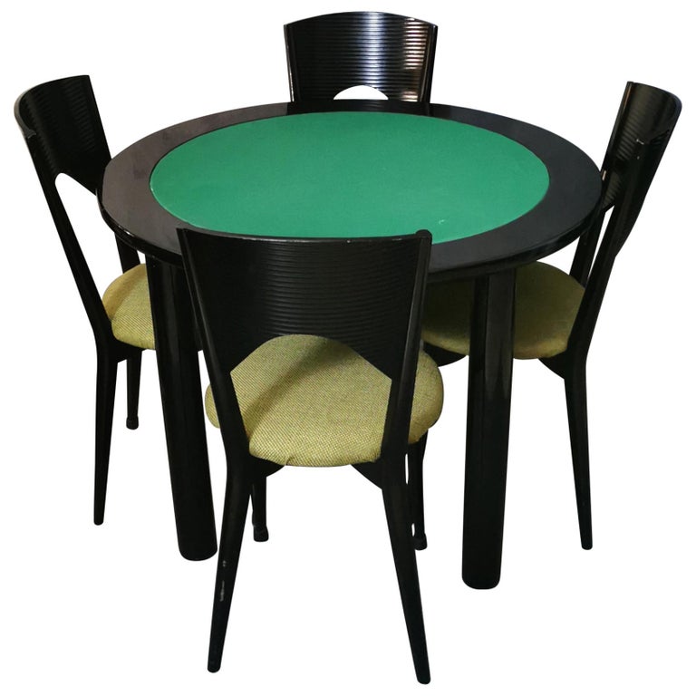 Vintage Dining Chairs And Table In Black Wood And Green Fabric
