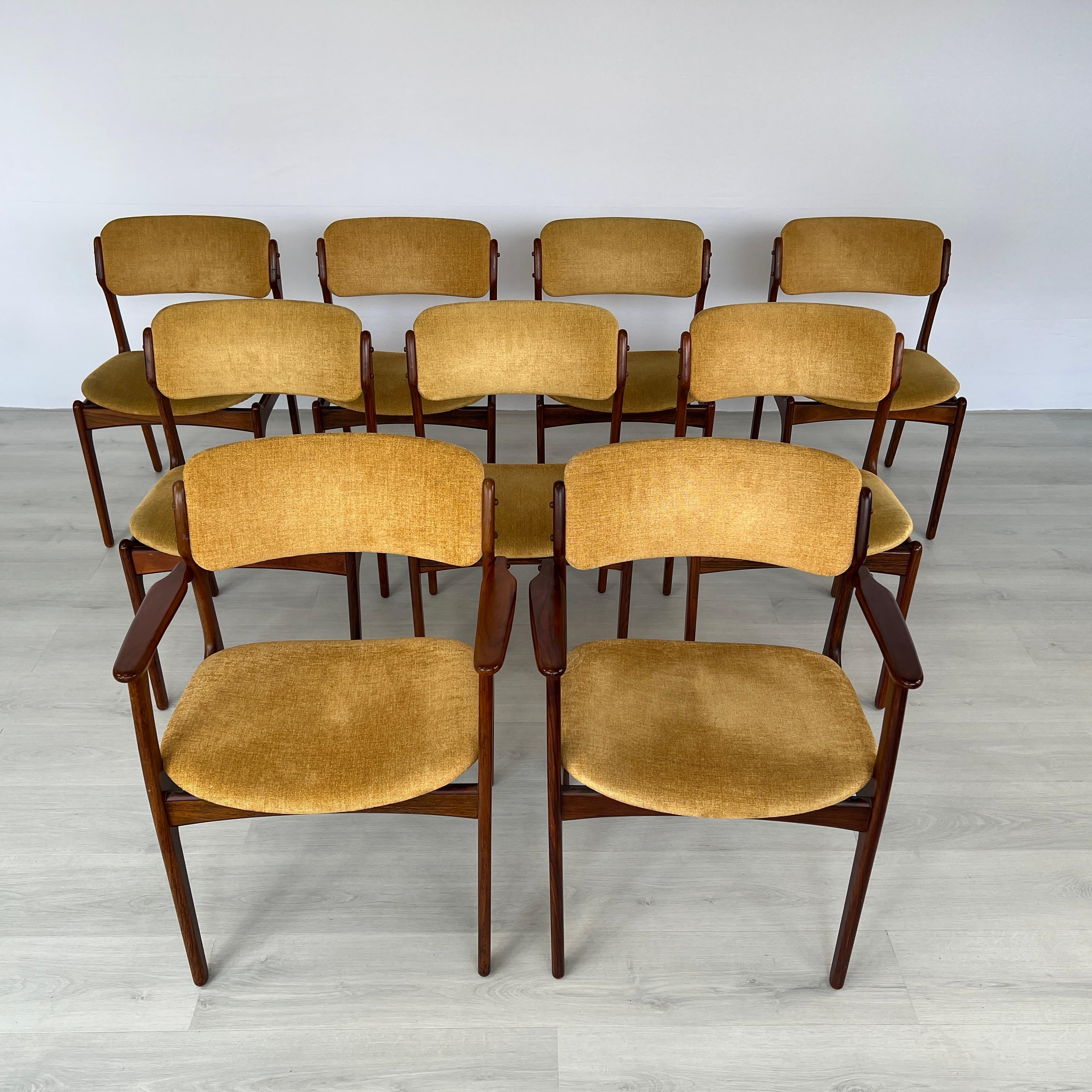 Dimensions: H 31.5” x W 23.5” x D 20” x SH 19”

Set of 9 Danish dining chairs designed by Erik Buch for O.D. Møbler A-S in the 60s. Sturdy construction with original upholstery. Two of the chairs are with armrests.

Please see our other listings for