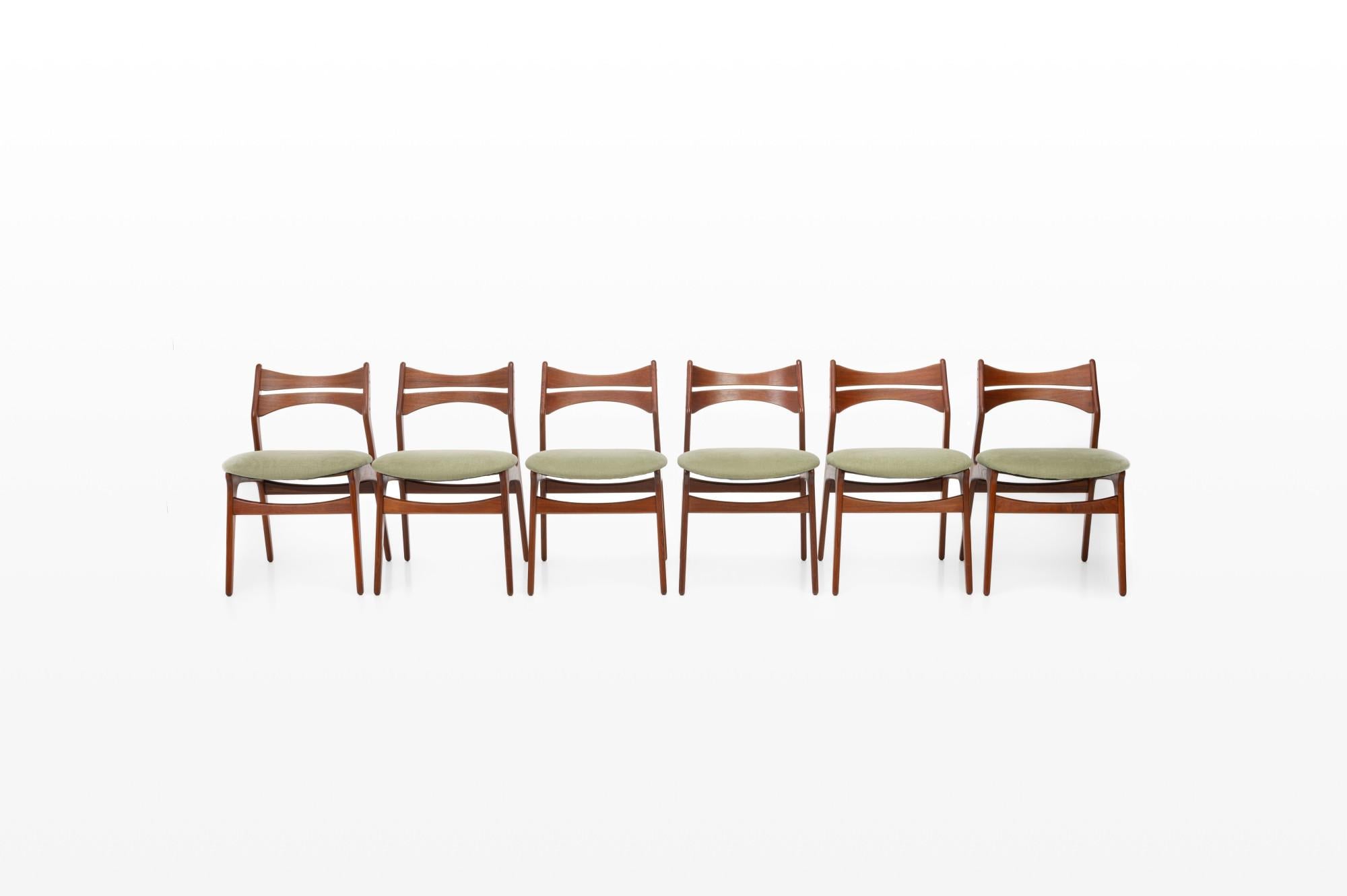 Set of six 'Model 310' dining chairs designed by Erik Buch for Christian Christensen Møbelfabrik, Denmark 1960s. The chairs are extremely comfortable and have been reupholstered with a light green fabric.