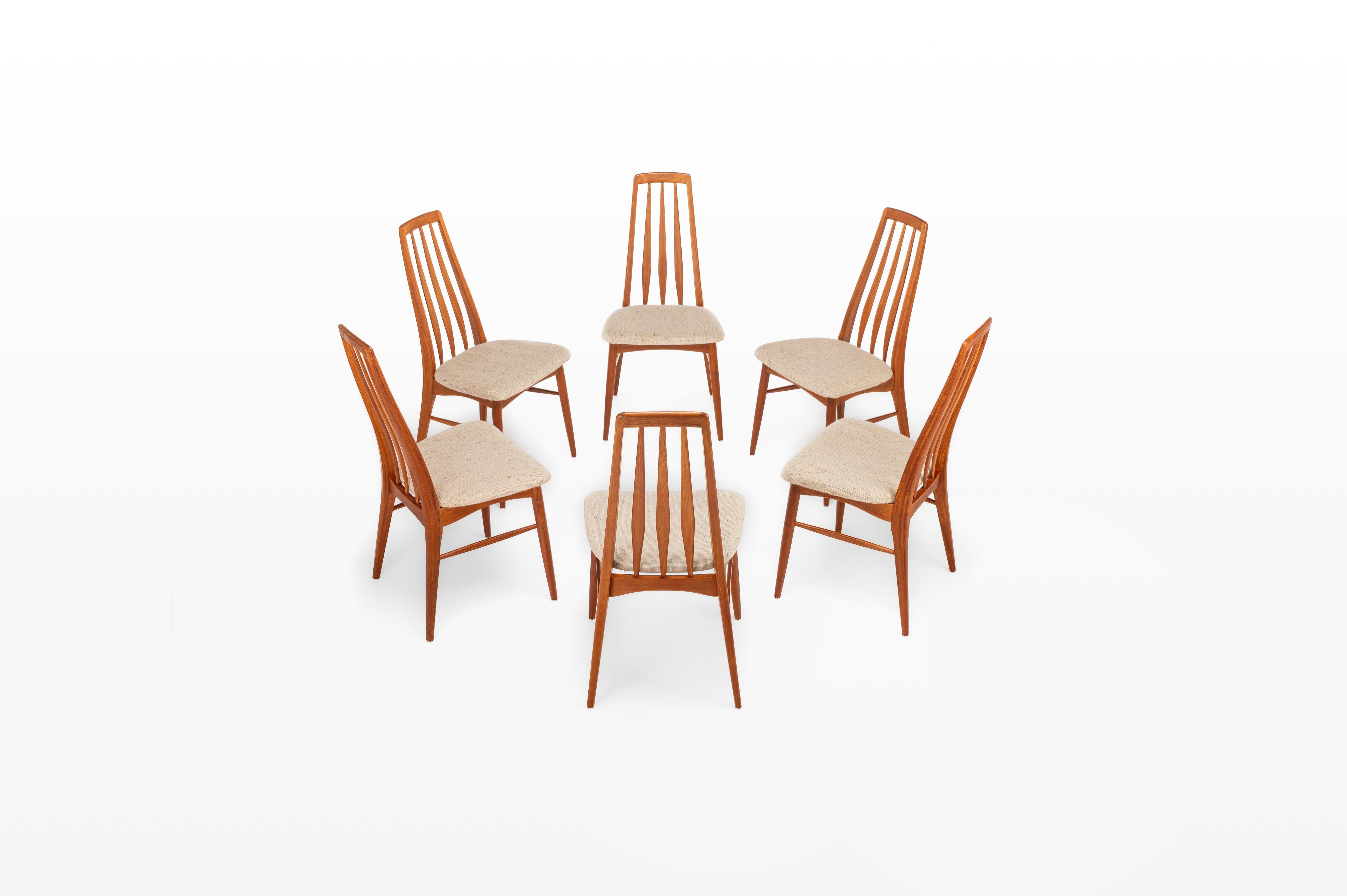 Set of 6 vintage dining room chairs. These “Eva” chairs are designed by Niels Koefoed for Koefoeds Hornslet in Denmark. They have a teak frame and the original beige wool upholstery.

Dimensions:
W: 48 cm
D: 52 cm
H: 96 cm