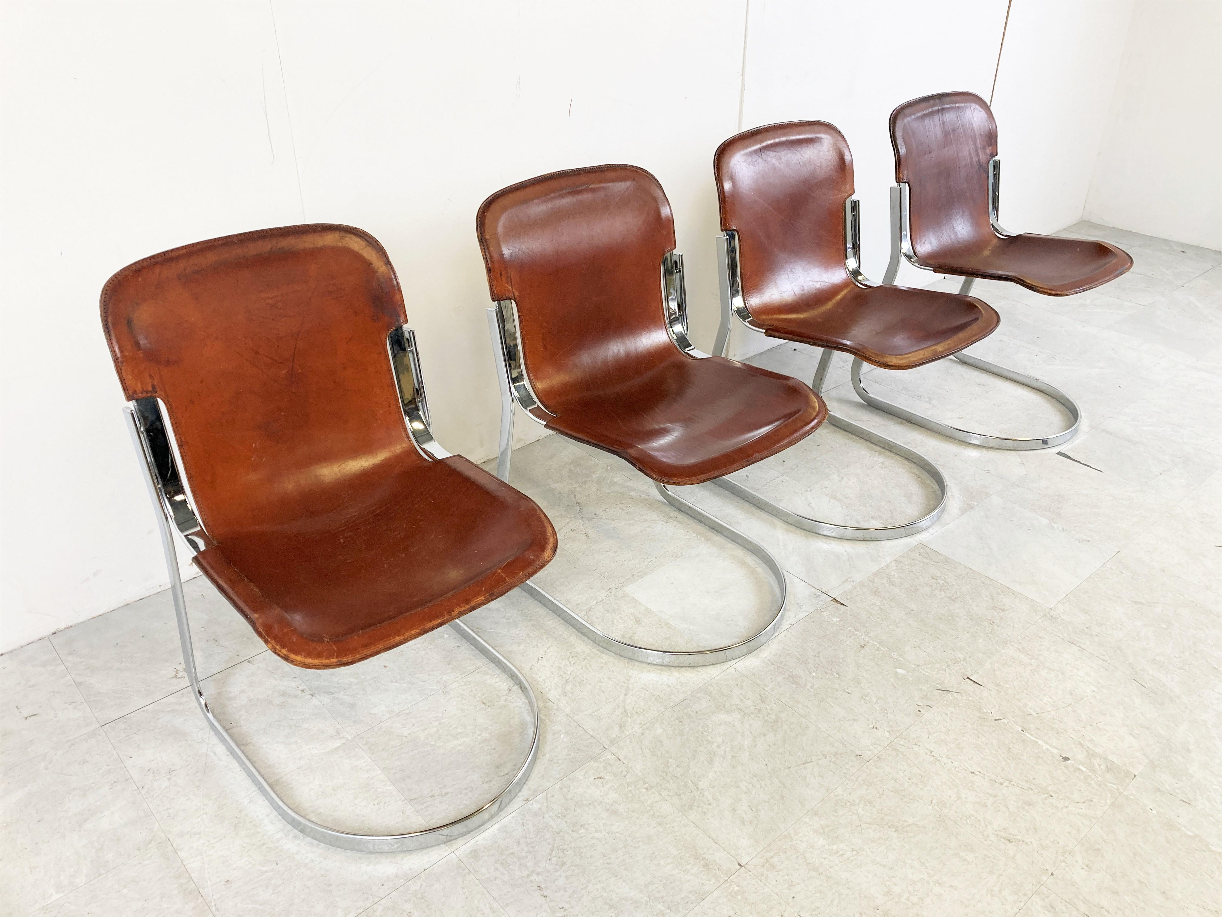 Leather Vintage Dining Chairs by Willy Rizzo for Cidue Set of 4, 1970s