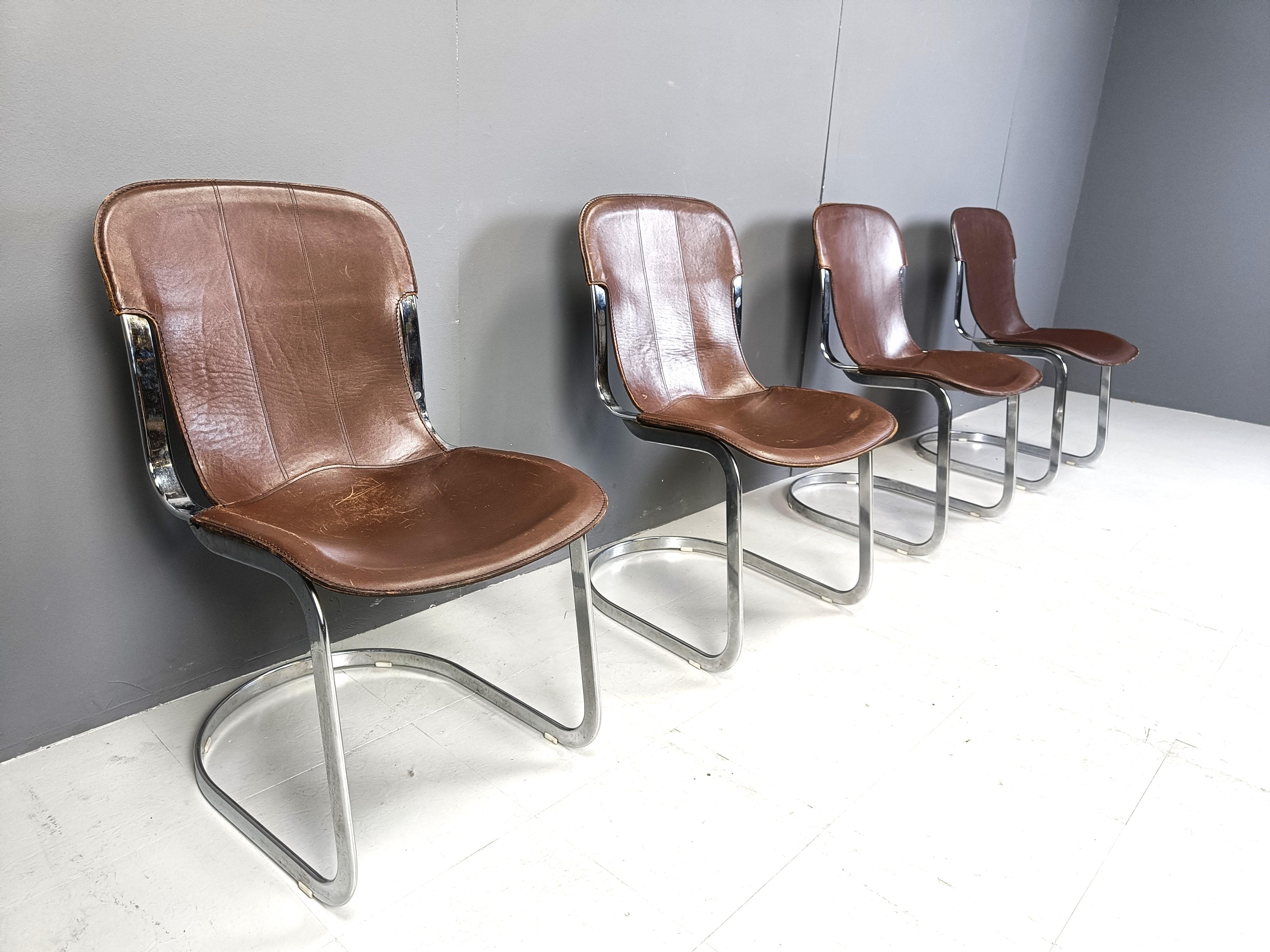 Leather Vintage dining chairs by Willy Rizzo for cidue set of 4, 1970s