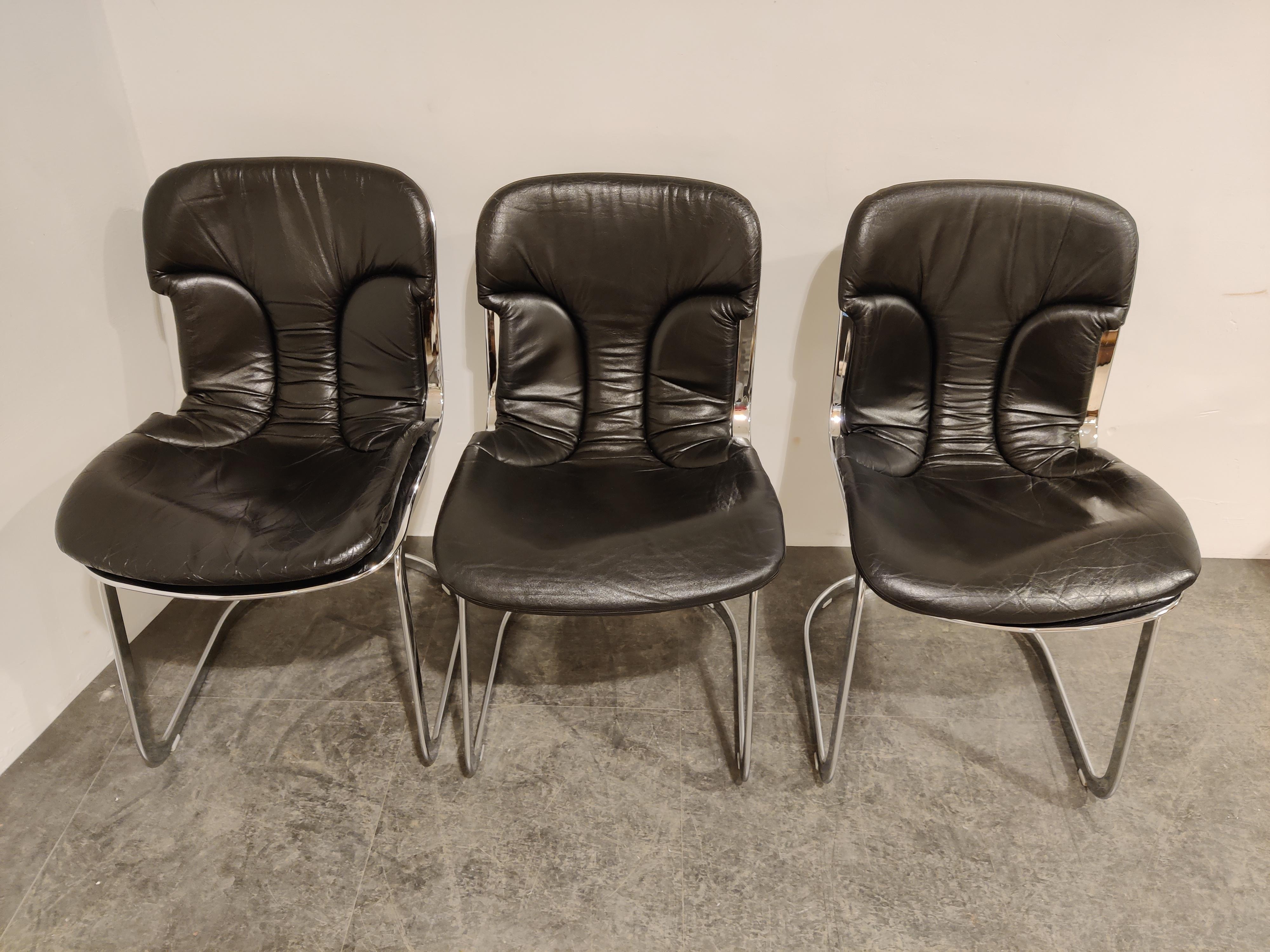 Leather Vintage Dining Chairs by Willy Rizzo for Cidue Set of 6, 1970s