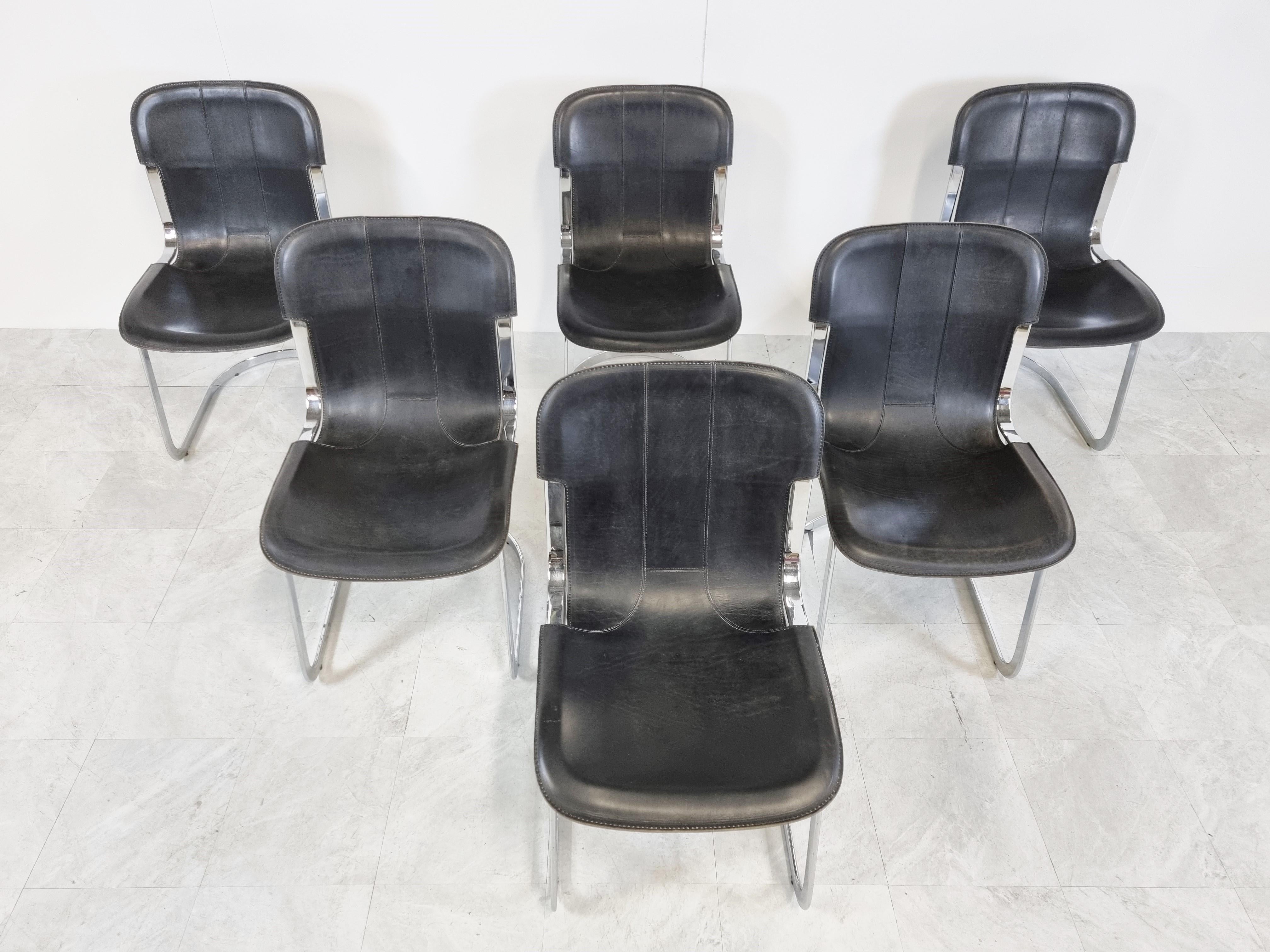Leather Vintage Dining Chairs by Willy Rizzo for Cidue Set of 6, 1970s