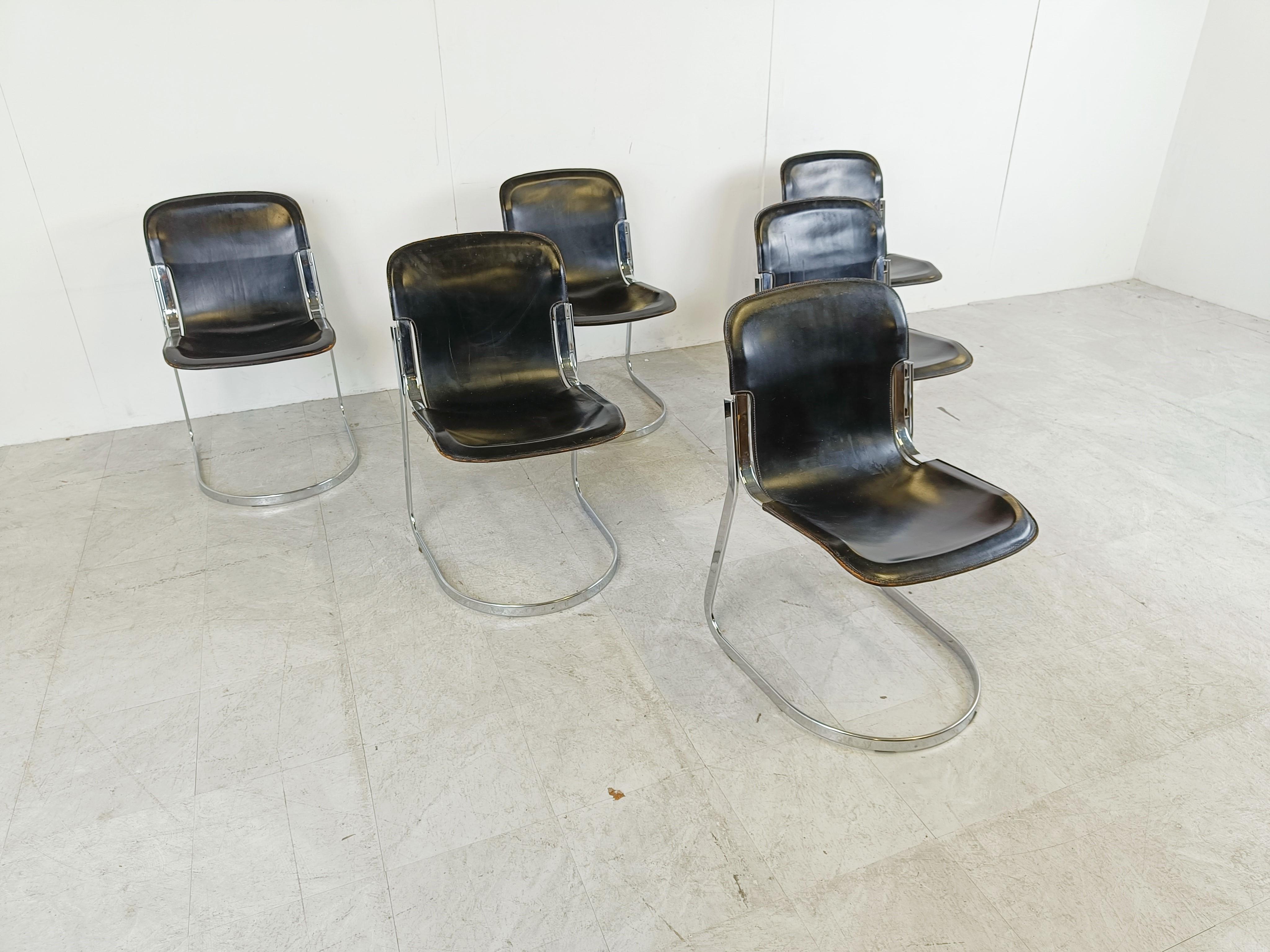Leather Vintage dining chairs by Willy Rizzo for cidue set of 6, 1970s